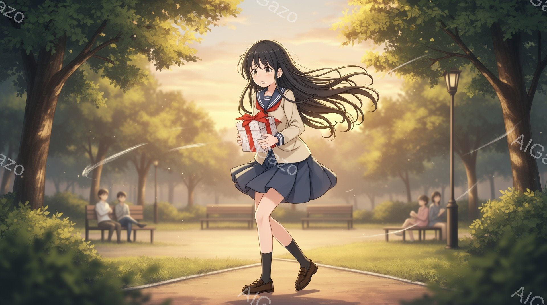 紺色の長い髪を後ろで結んだ少女が、公園の遊歩道を走っている。制服姿で、手にプレゼントの箱を持ち、嬉しそうな表情をしている。背景には木々が生い茂り、遠くに建物が見え、夕焼け空が暖かく穏やかな雰囲気を醸し出している。
