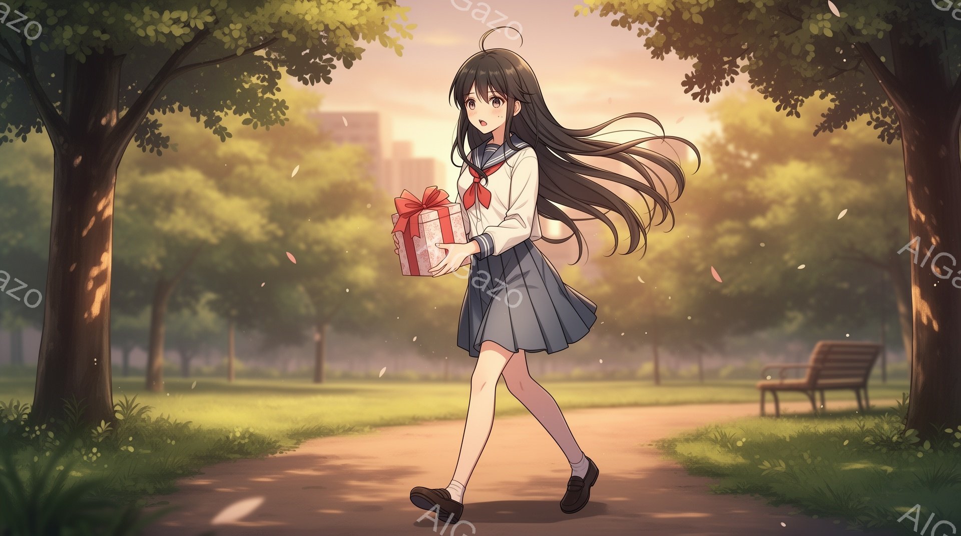 長い黒髪を風になびかせながら、セーラー服姿の少女が道を走っている。彼女は片手に赤いリボンで結ばれたプレゼントの箱を持っており、少し微笑んでいるように見える。背景には緑豊かな木々とベンチが見え、夕暮れ時の柔らかな光が差し込み、穏やかで暖かい雰囲気を醸し出している。