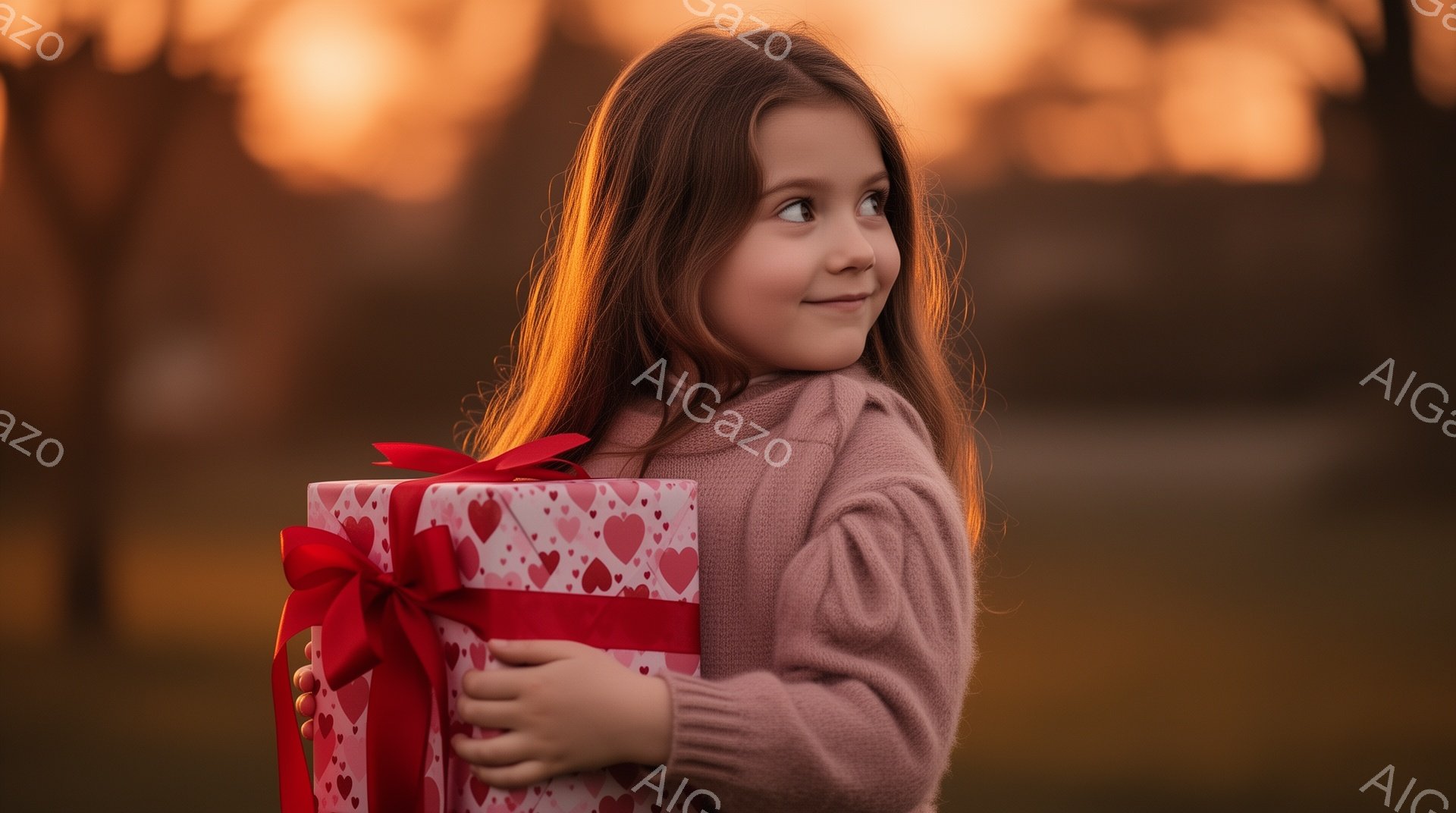 長い茶色の髪をした少女が、赤いリボンで飾られたハート柄のプレゼントボックスを抱えています。彼女は薄いピンク色のセーターを着て、少し上目遣いで遠くを見つめており、微笑んでいます。背景は夕暮れ時の自然で、木々がシルエットとなり、暖かく穏やかな雰囲気を醸し出しています。