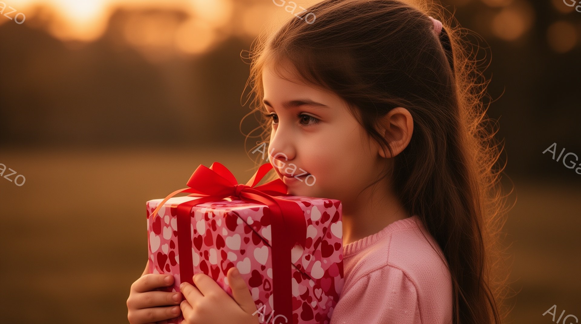 長い茶色の髪を後ろで一つに結んだ少女が、赤いリボンで飾られたハート柄のプレゼントボックスを両手で抱えています。ピンク色のセーターを着ており、顔にはうれしそうな笑顔が浮かんでいます。背景は夕焼けでオレン - AI生成フリー素材