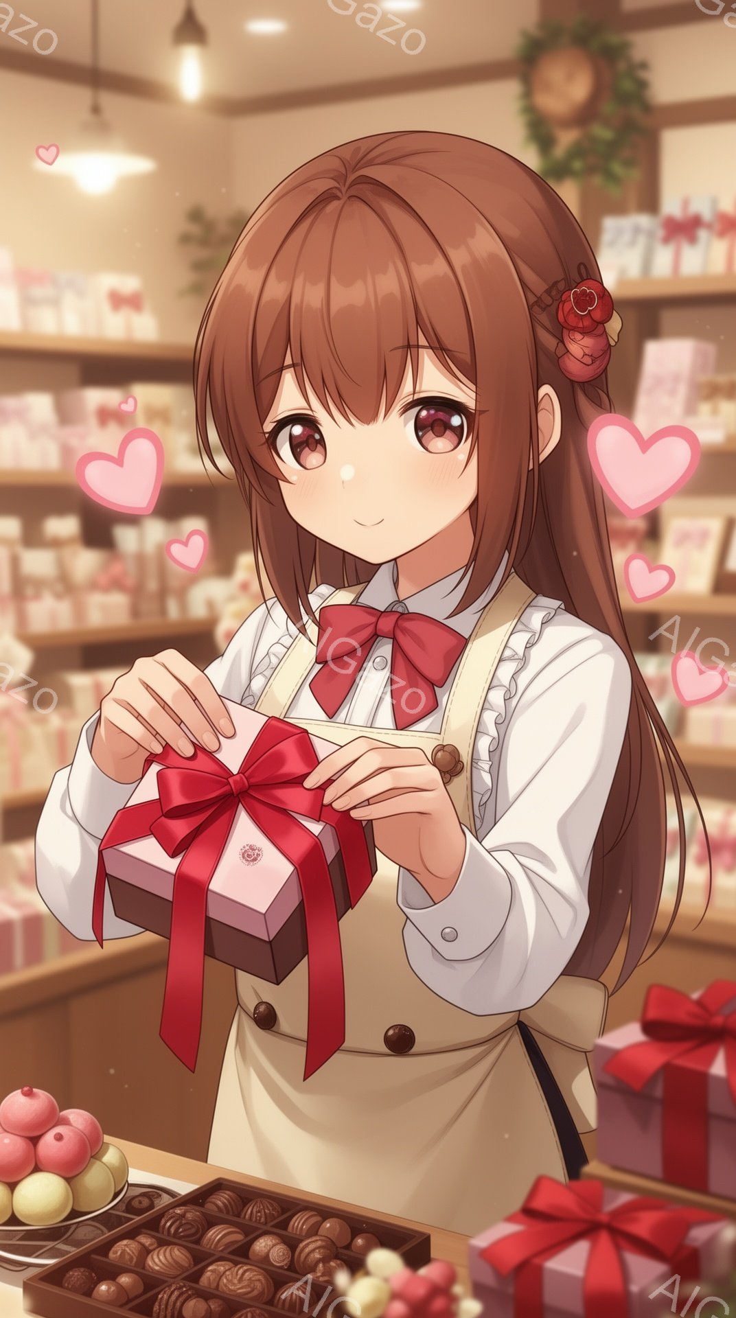 明るい茶髪の少女が、赤いリボンをチョコレートのギフトボックスに結んでいます。白いブラウスにエプロン姿で、優しい笑顔を浮かべており、可愛らしい印象を与えます。背景にはチョコレートが並んだショーケースや棚 - AI生成フリー素材