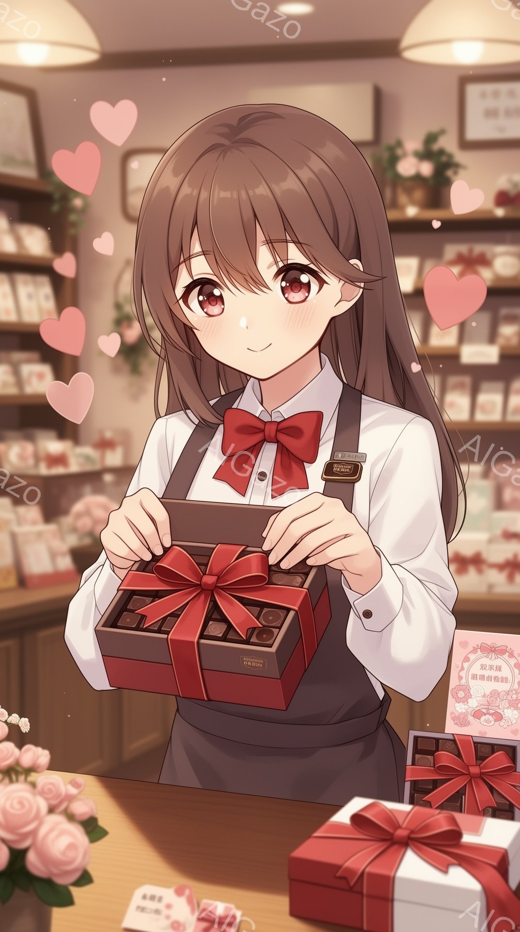 明るい茶髪の女性が、赤いリボンで飾られたチョコレートの箱を両手で抱えています。彼女は白いブラウスと黒いエプロンを着ており、優しい笑顔を浮かべています。背景には、様々なチョコレートや花が飾られたショーケ - AI生成フリー素材