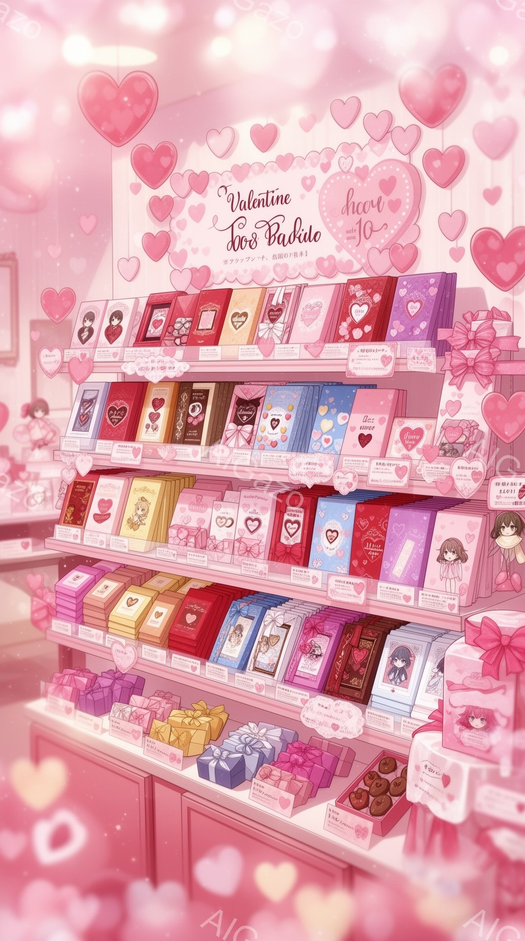 バレンタインデーのチョコレートが並んだ棚が描かれています。可愛らしいパッケージのチョコレートが色とりどりに並べられ、ピンクやゴールドを基調とした華やかな雰囲気です。棚には可愛らしい女性のイラストが描かれたチョコレートもあり、バレンタインデーの甘くロマンチックな雰囲気を強調しています。