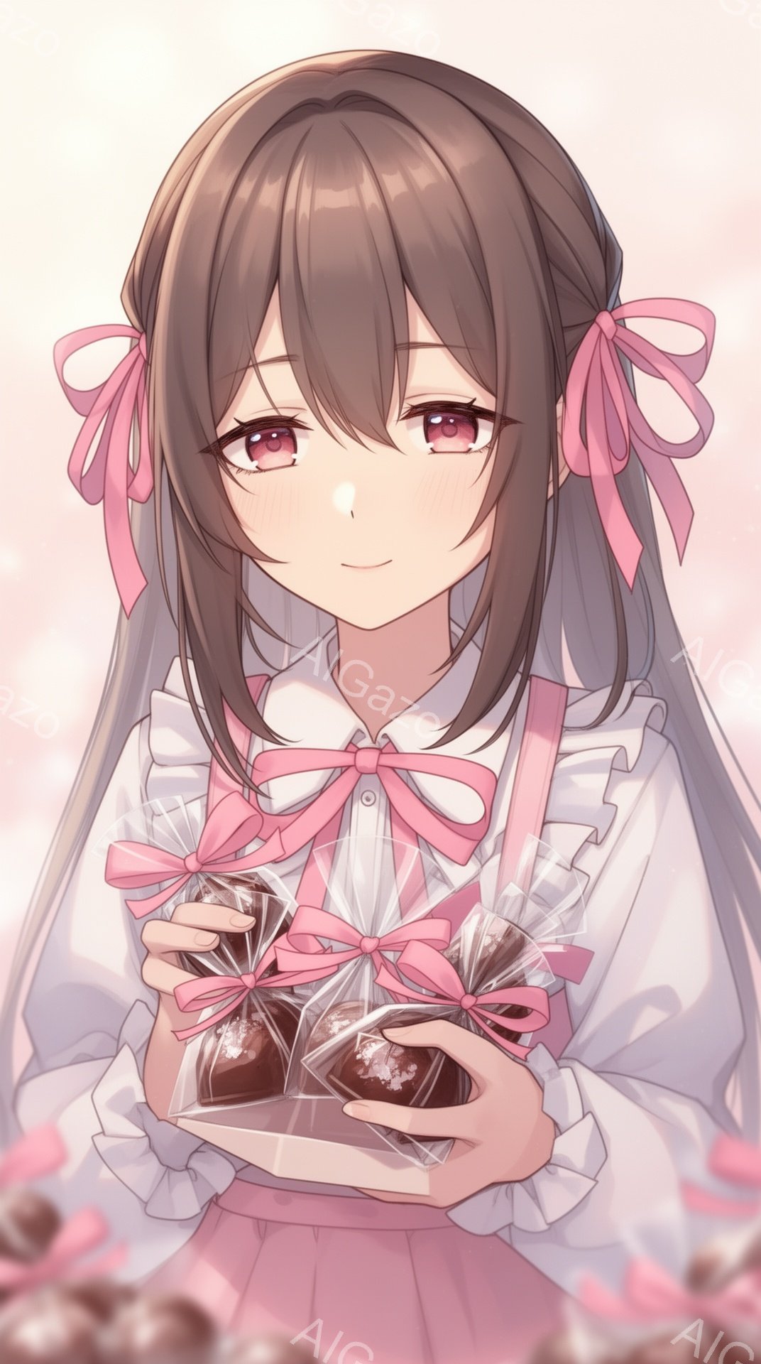 長い茶色の髪は軽くカールし、ピンクのリボンでサイドポニーテールに結ばれている。白いブラウスにピンクのエプロンをつけ、手にはリボンで飾られたチョコレートが入ったお皿を持っている。背景は淡いピンク色で、全体的に柔らかく優しい雰囲気を醸し出している。