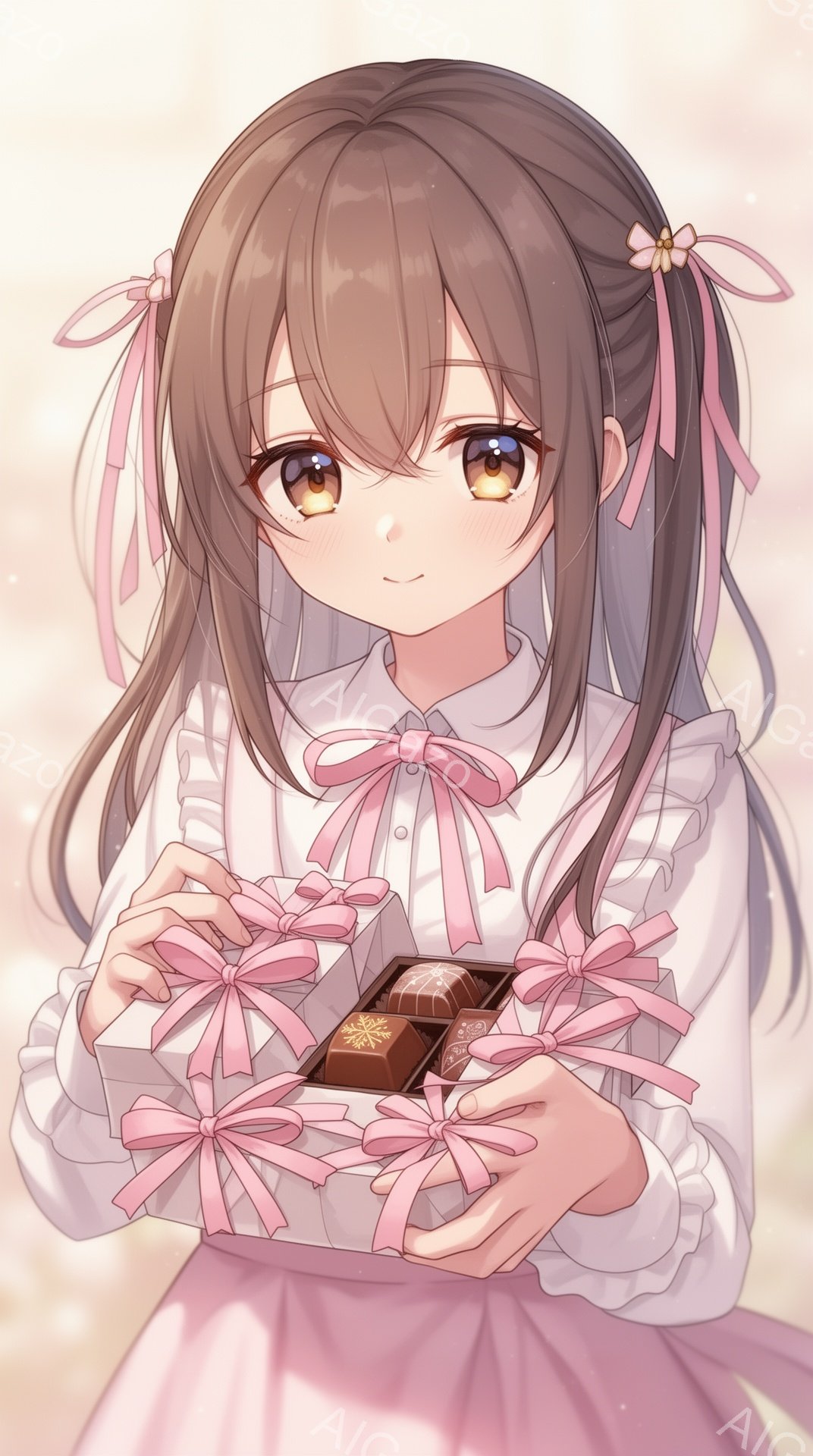 長い茶色の髪はサイドにリボンで結ばれ、前髪は軽くカールしている。少女は白いブラウスとピンクのスカートを着ており、手にはたくさんのピンク色のリボンで飾られたチョコレートの箱を持っている。背景はぼやけてお - AI生成フリー素材