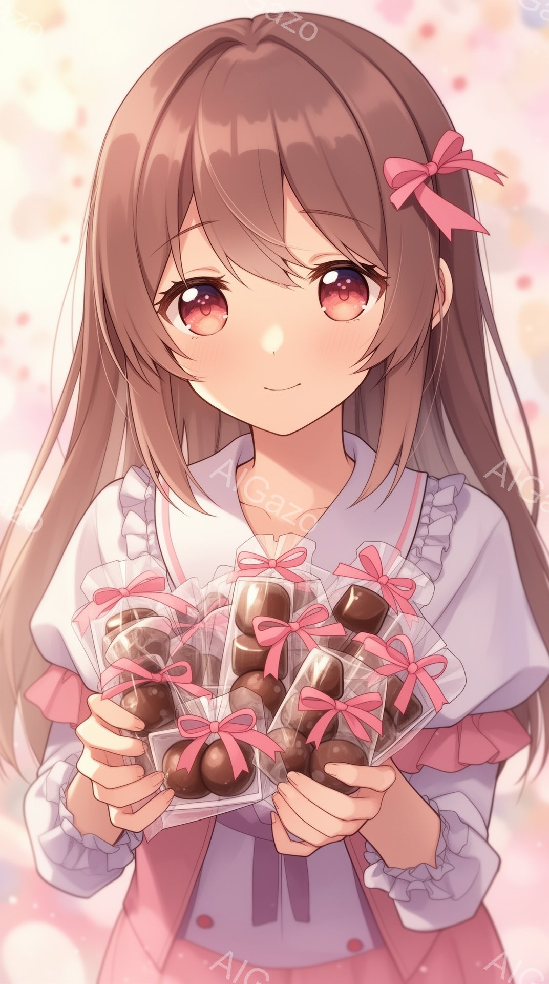 長い茶色の髪にピンクのリボンをつけた少女が、透明な袋に入ったチョコレートを両手に抱えています。フリル付きの白いブラウスとピンク色のスカートを身に着け、少し微笑んだ優しい表情をしています。背景はぼやけたピンク色で、暖かく、甘い雰囲気が漂っています。
