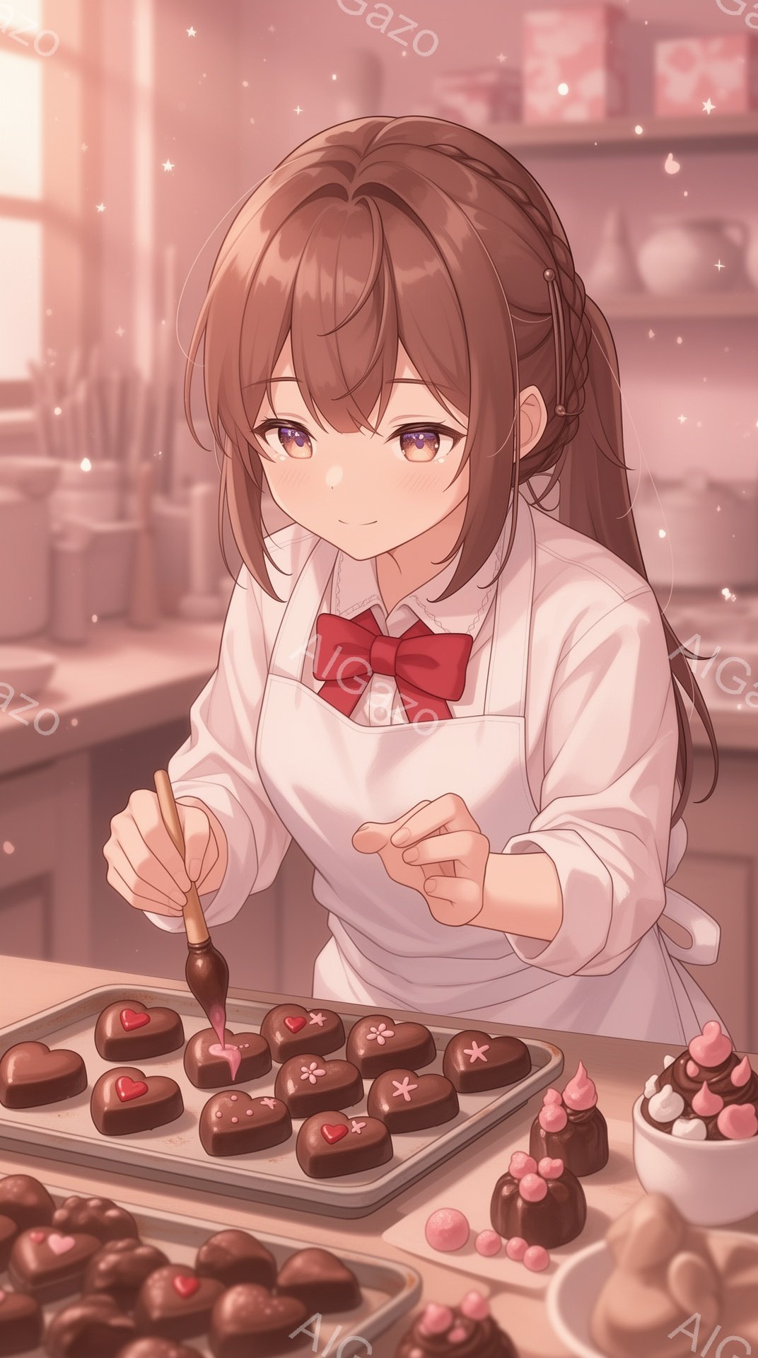長い茶髪をハーフアップにした少女が、チョコレートにデコレーションを施している。白いエプロンと赤いリボンが可愛らしく、真剣な表情で細やかな作業に集中している。背景には焼き菓子や調理器具が並び、温かく優し - AI生成フリー素材