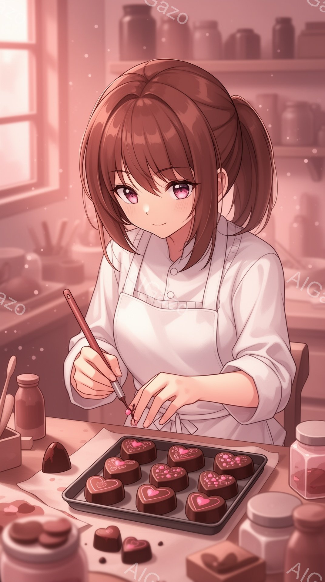 明るい茶髪の少女が、白いエプロンを着てチョコレート作りに集中しています。彼女は心を込めてチョコレートに装飾を施し、優しい笑顔を浮かべています。背景には瓶が並び、温かく、甘い雰囲気が漂っています。 - AI生成フリー素材