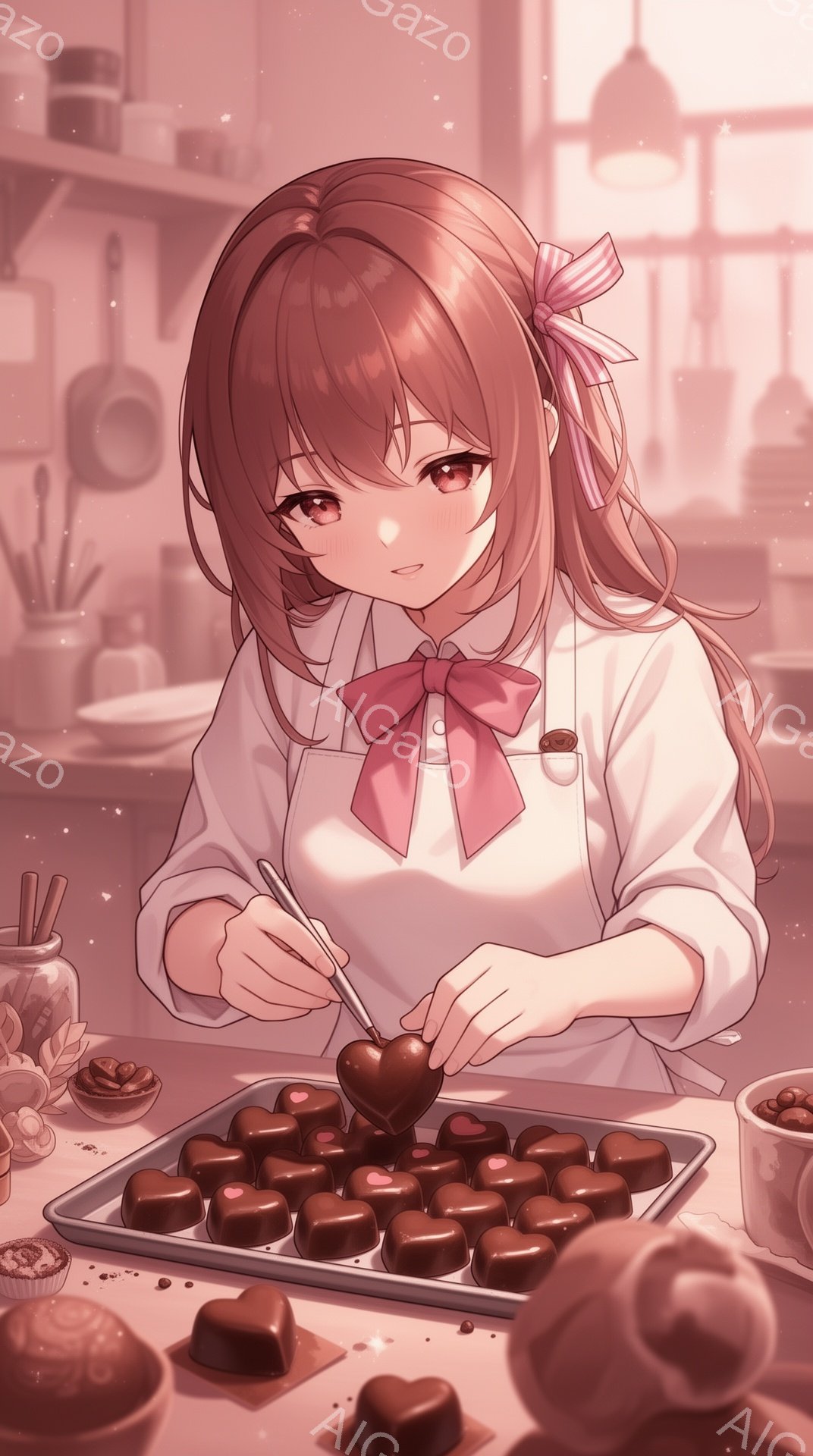 明るい茶髪の少女が、白いエプロン姿でチョコレートのトレイに向かっています。彼女はチョコレートをトングで持ち上げ、丁寧にデコレーションしており、穏やかで優しい表情をしています。背景にはキッチン用品が並び - AI生成フリー素材