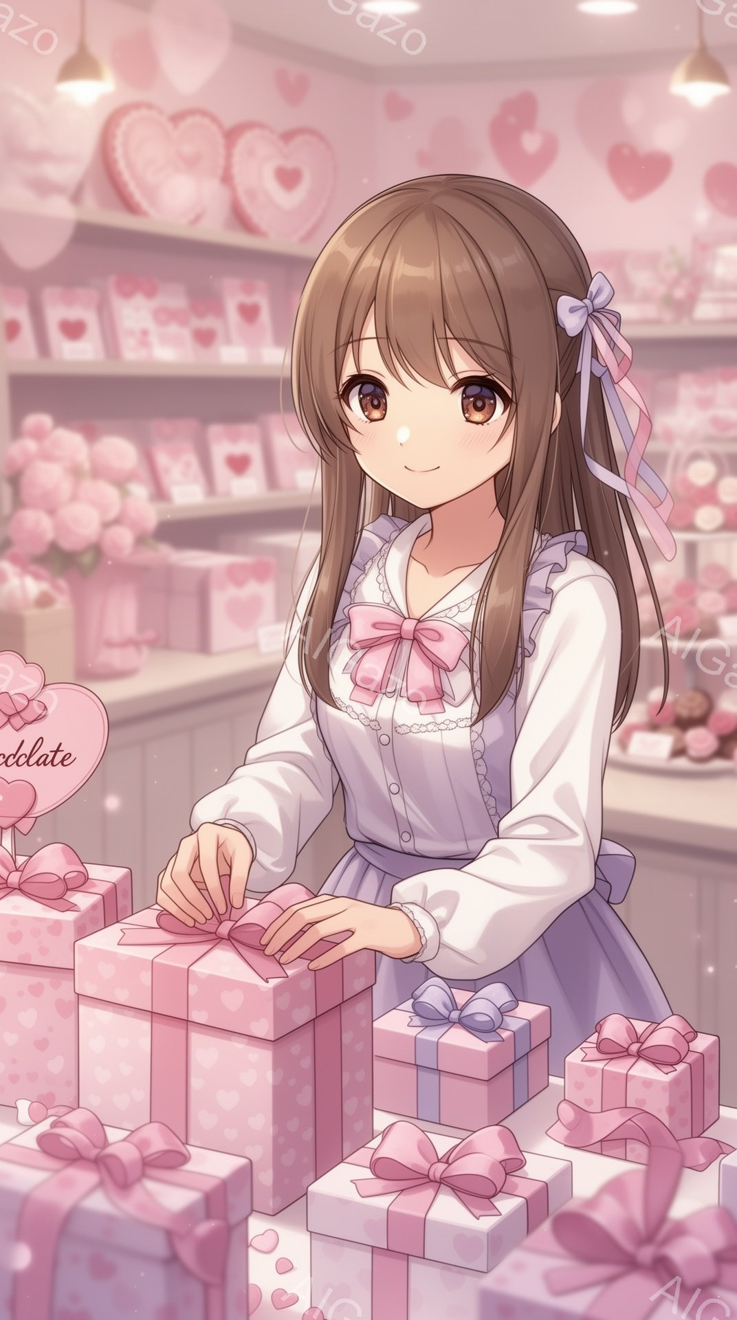 長い茶色の髪にリボンを結んだ少女が、ピンク色のハート柄のギフトボックスを丁寧に梱包しています。淡いピンクと白を基調としたフリル付きの可愛らしいワンピースを着ており、背景には同じハート柄のギフトボックスが積み上げられています。全体的に甘く、夢のような雰囲気が漂っており、バレンタインやプレゼントシーズンを連想させます。