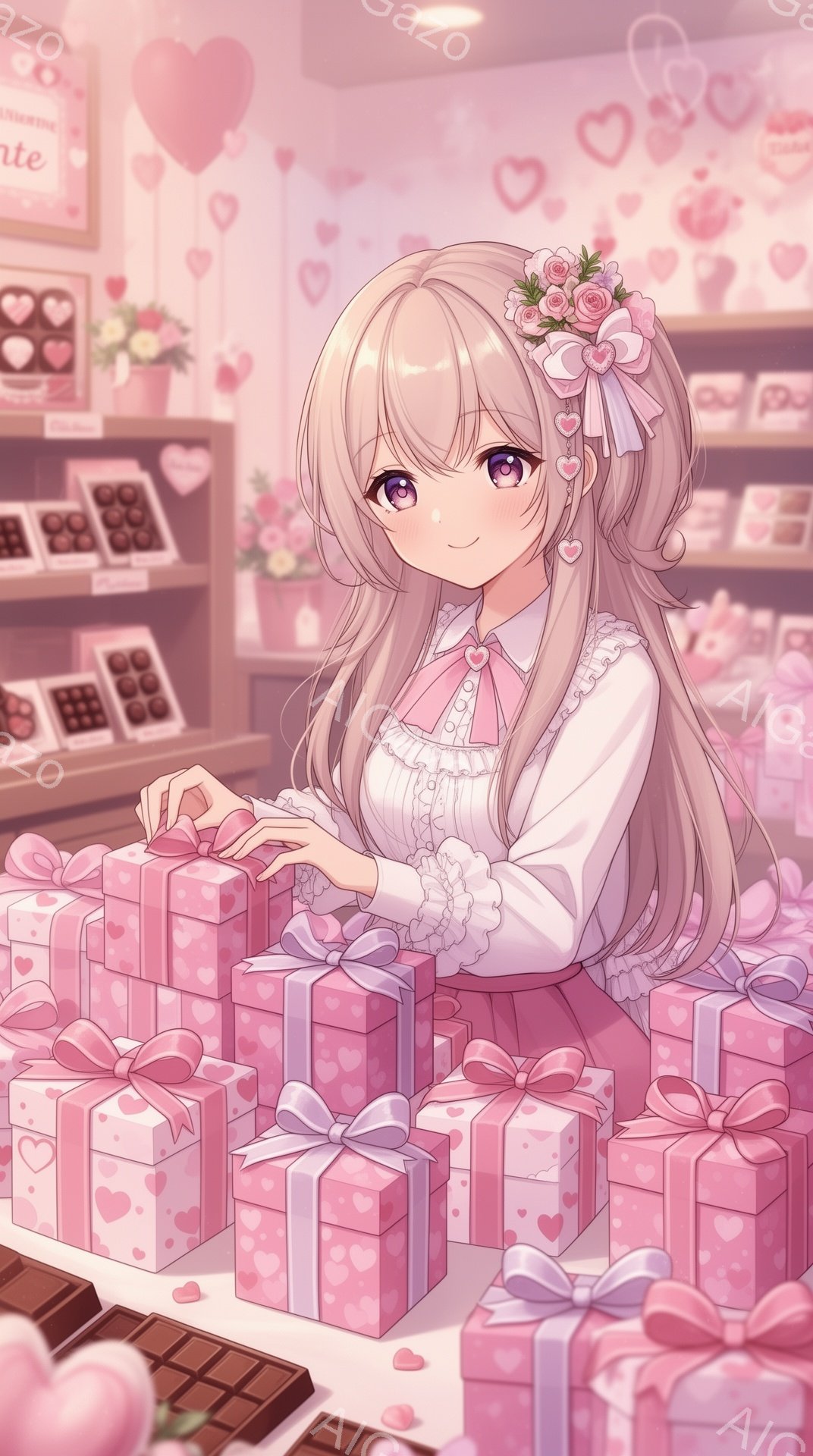 金髪の少女は、ピンク色のハート柄のギフトボックスに囲まれており、白いフリル付きのブラウスとピンクのコルセットのようなリボンを身に着けている。彼女は微笑んでおり、優雅な雰囲気で、まるでチョコレートショップの店員のように見える。背景には、様々なチョコレートが並んだ棚があり、周囲にはハートの装飾が散りばめられ、甘くてロマンチックな雰囲気を醸し出している。