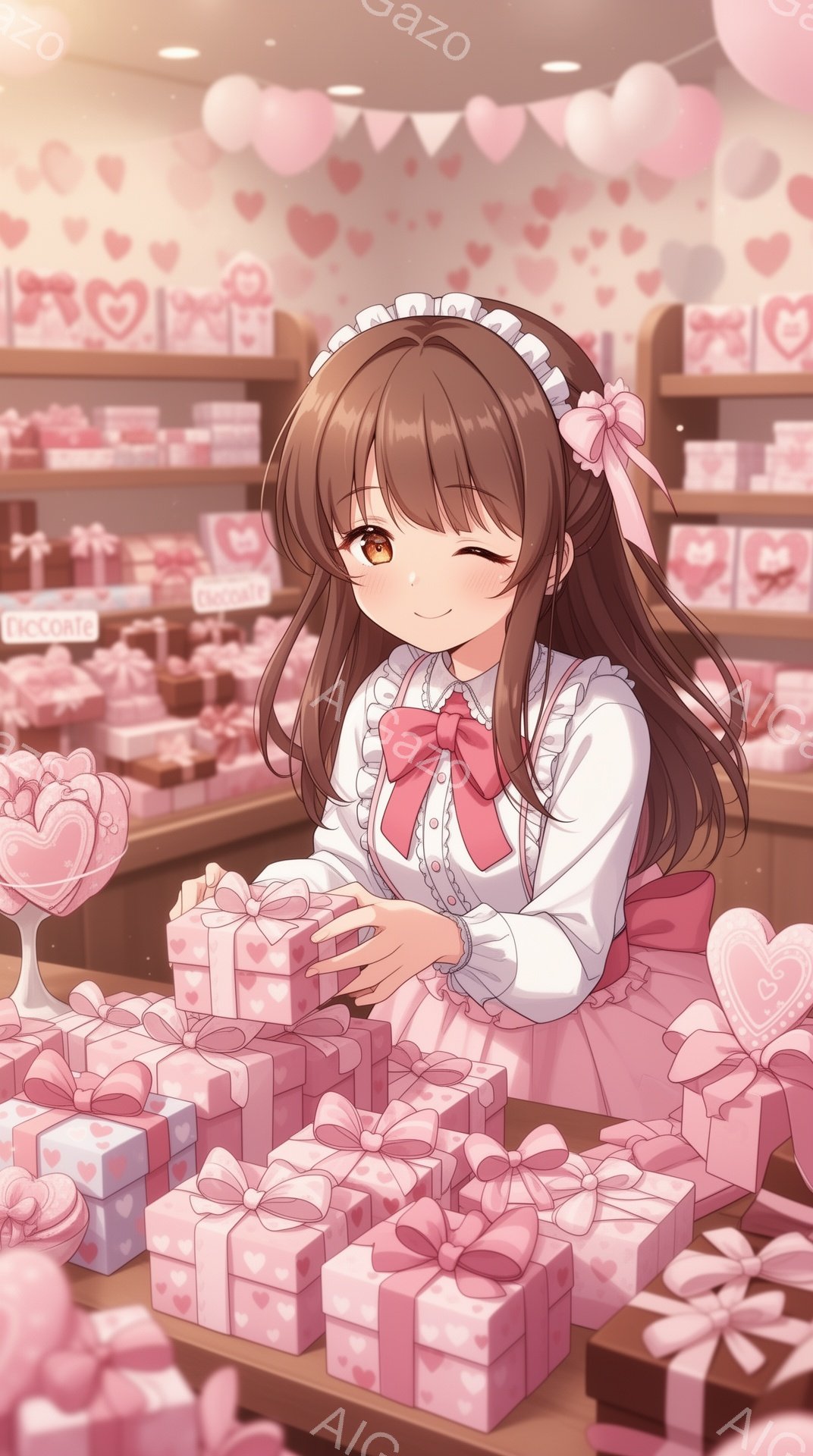 明るい茶色の髪をリボンで結んだ少女が、ピンク色の包装紙で包まれたチョコレートのギフトボックスに囲まれています。彼女は白いブラウスと赤いリボンが付いたスカートを着ており、幸せそうな笑顔を浮かべています。背景にはチョコレートが並んだ棚があり、天井からはピンク色のハート型の飾りがぶら下がっており、全体的に甘くてロマンチックな雰囲気を醸し出しています。