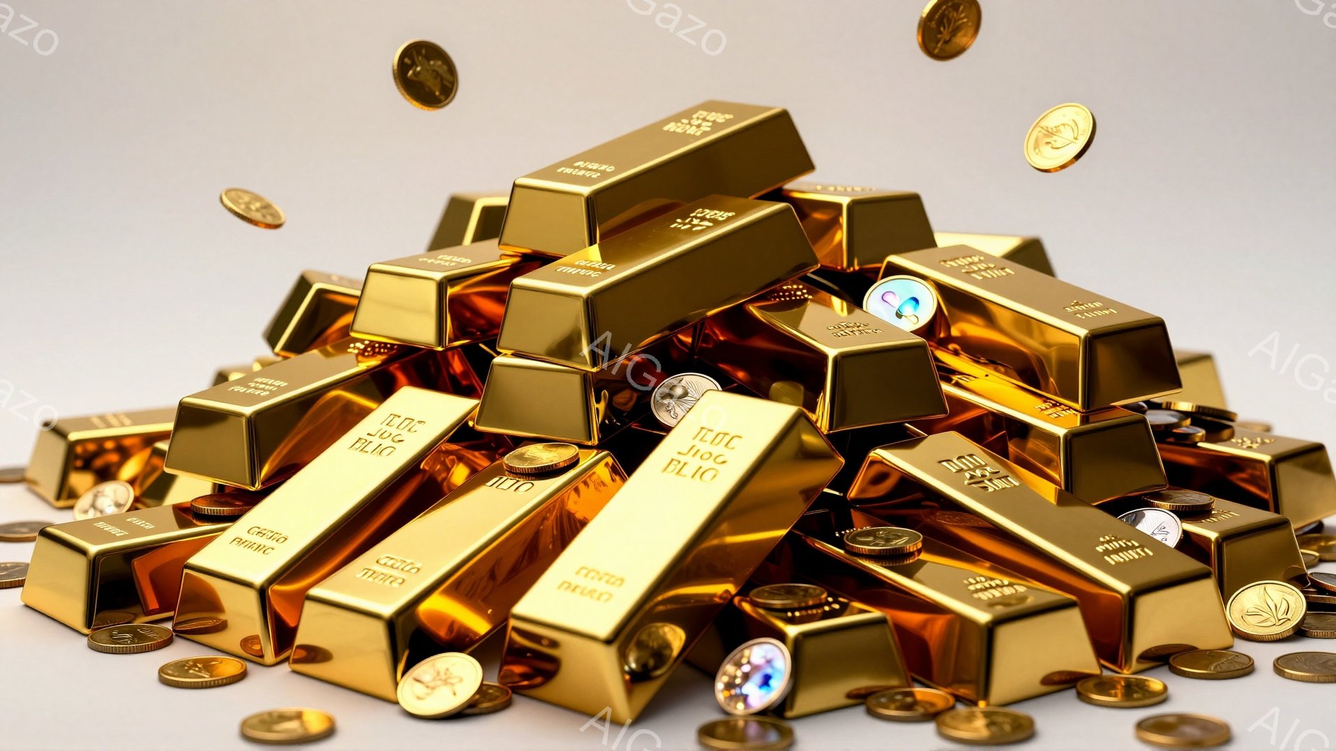 画像は、積み重ねられた金塊と金貨の山を表しています。金塊には「GOOD DELIVERY」という文字が刻印されており、背景は薄いグレーで、光沢のある金色の質感が強調されています。全体的に豊かさと富を象徴する雰囲気で、華やかで豪華な印象を与えます。