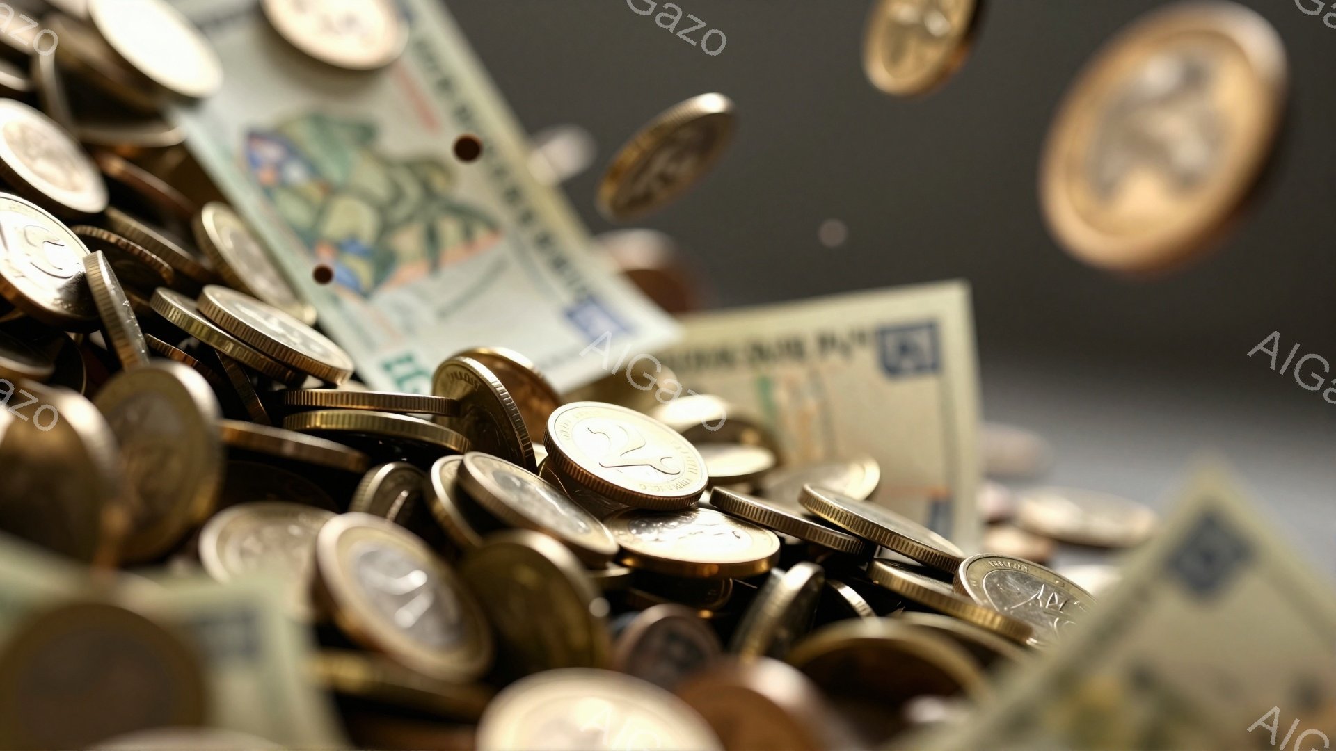 多数の硬貨と紙幣が空中に散らばり、動きのある瞬間を捉えています。硬貨は金色で、紙幣は緑色と白色を基調としており、光沢があり、全体的に明るい印象です。背景はぼやけており、硬貨と紙幣がメインの被写体として強調されています。