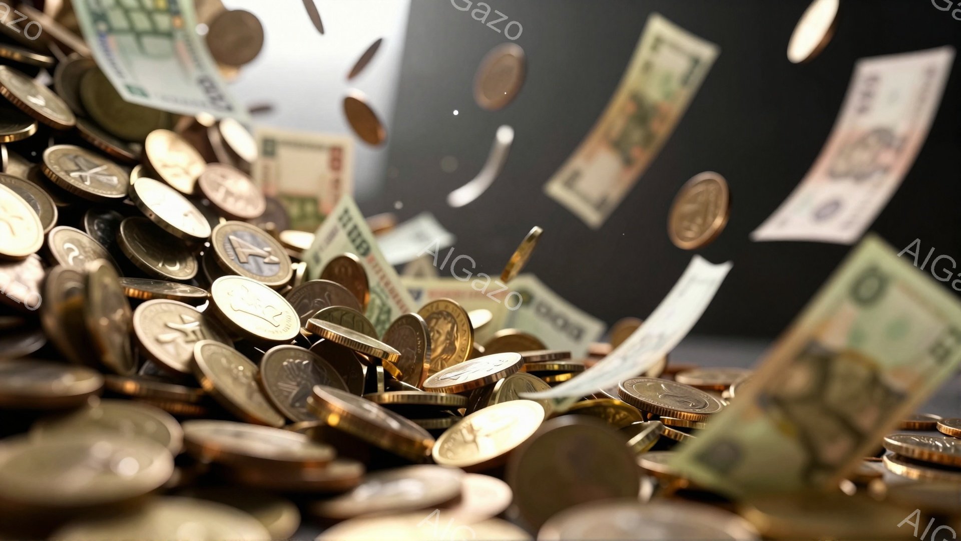 多数の硬貨と紙幣が空中に舞い上がっている様子が捉えられています。背景は暗く、硬貨と紙幣が光を受けて輝いているのが印象的です。全体的に、お金が飛び交う、富や豊かさを象徴するような躍動感のある雰囲気です。