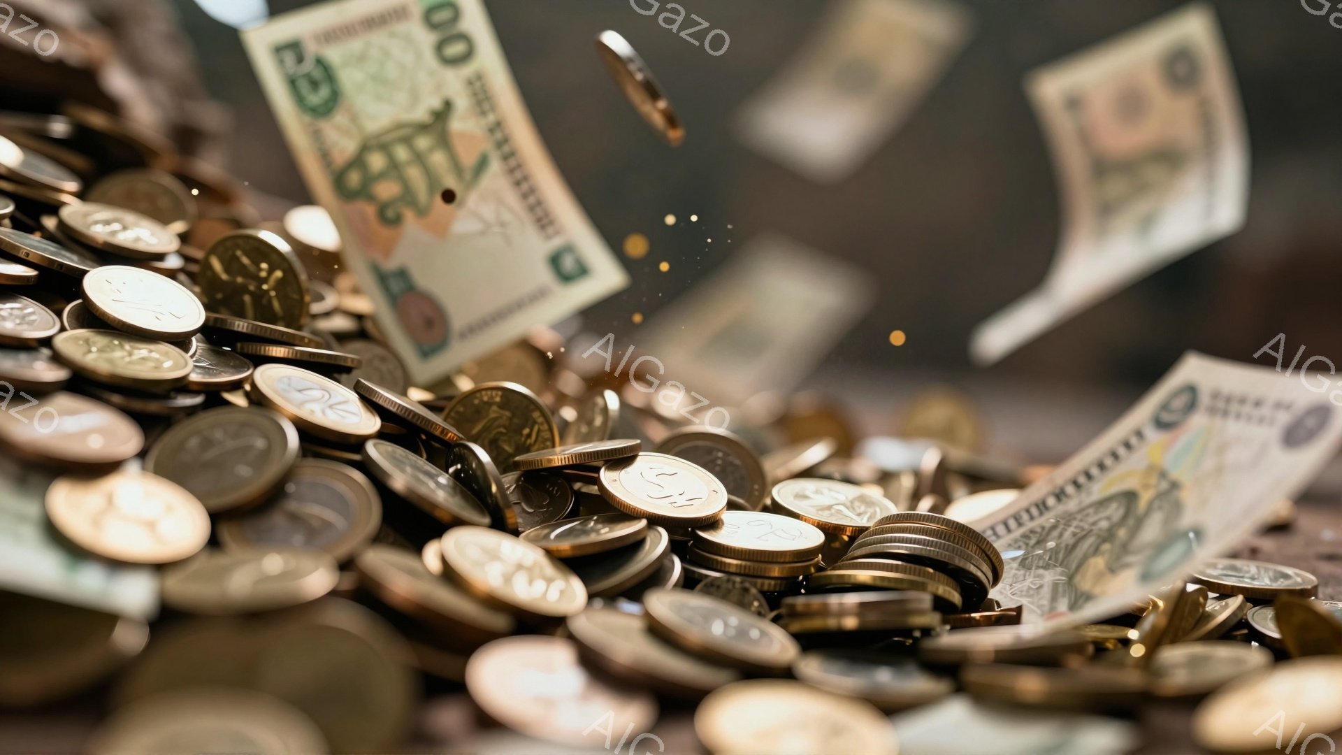 画像には、大量の硬貨と紙幣が散らばっている様子が写っています。硬貨は主に銅色で、紙幣はポーランドの通貨ズウォティのようです。背景は暗くぼやけており、硬貨と紙幣が散乱している様子が強調され、富や浪費を連想させる雰囲気です。