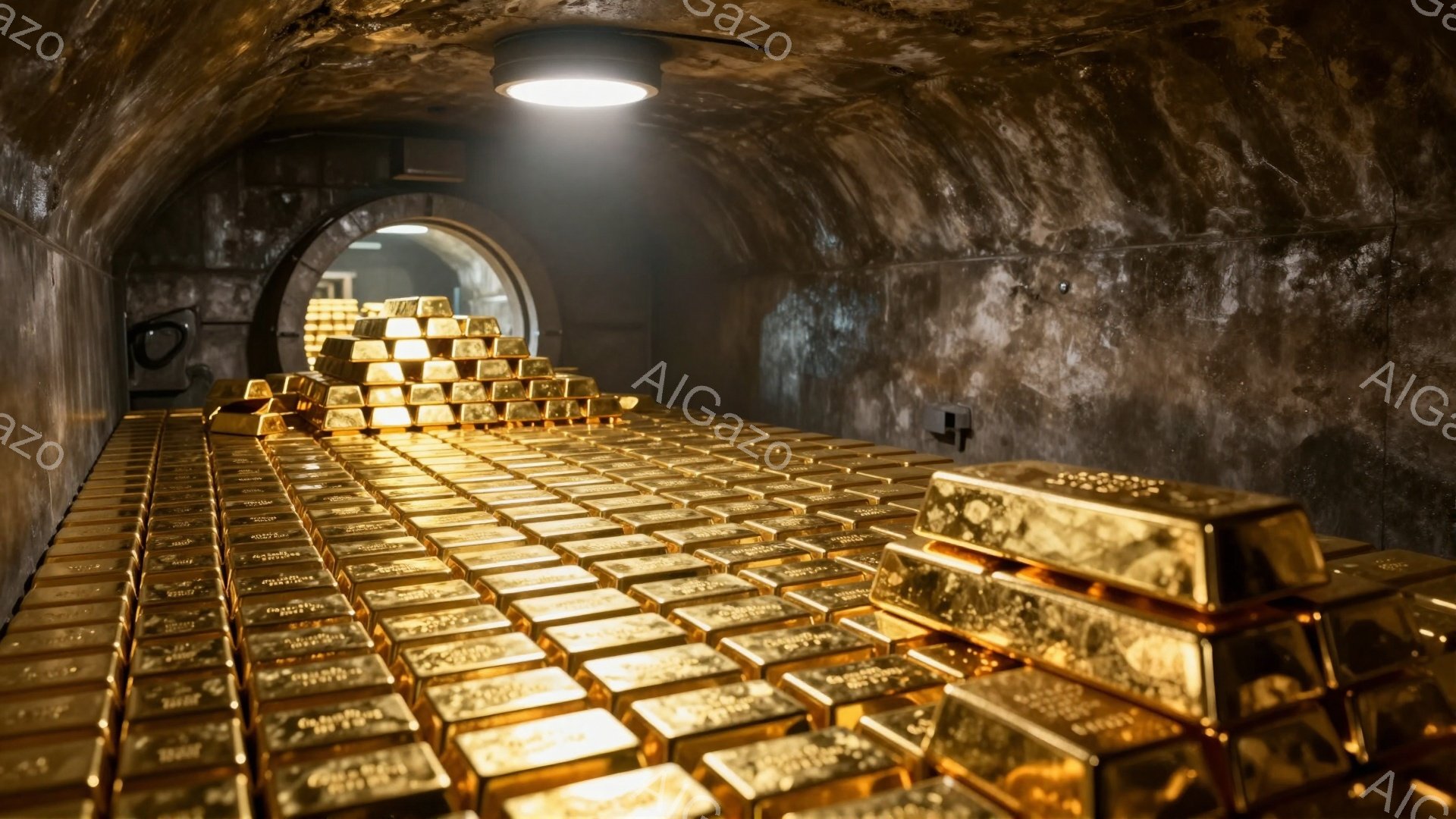 画像は、金塊が整然と積み重ねられた貯蔵庫内部を示している。壁は粗いコンクリートで覆われ、天井にはスポットライトが設置されており、金塊の輝きを強調している。金塊は規則的に並べられ、奥に向かって積み上げられており、富と安全な保管という印象を与える。