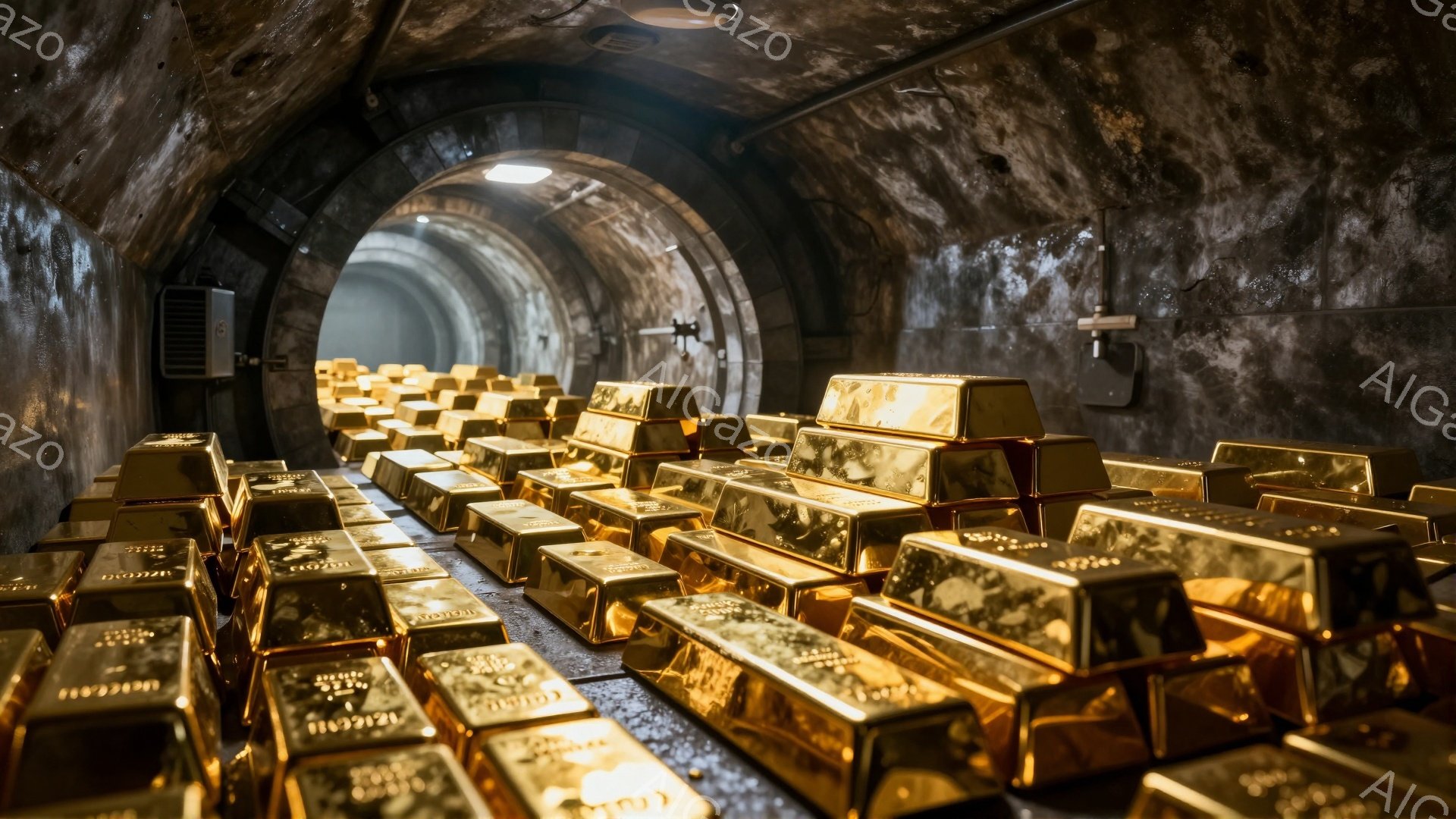 画像は、金塊が積み上げられた暗いトンネル内部を捉えている。金塊は規則的に整列され、金色の光沢が強く、トンネルの粗い壁とのコントラストが際立っている。天井からの照明が金塊を照らし出し、重厚で富裕な雰囲気を醸し出している。
