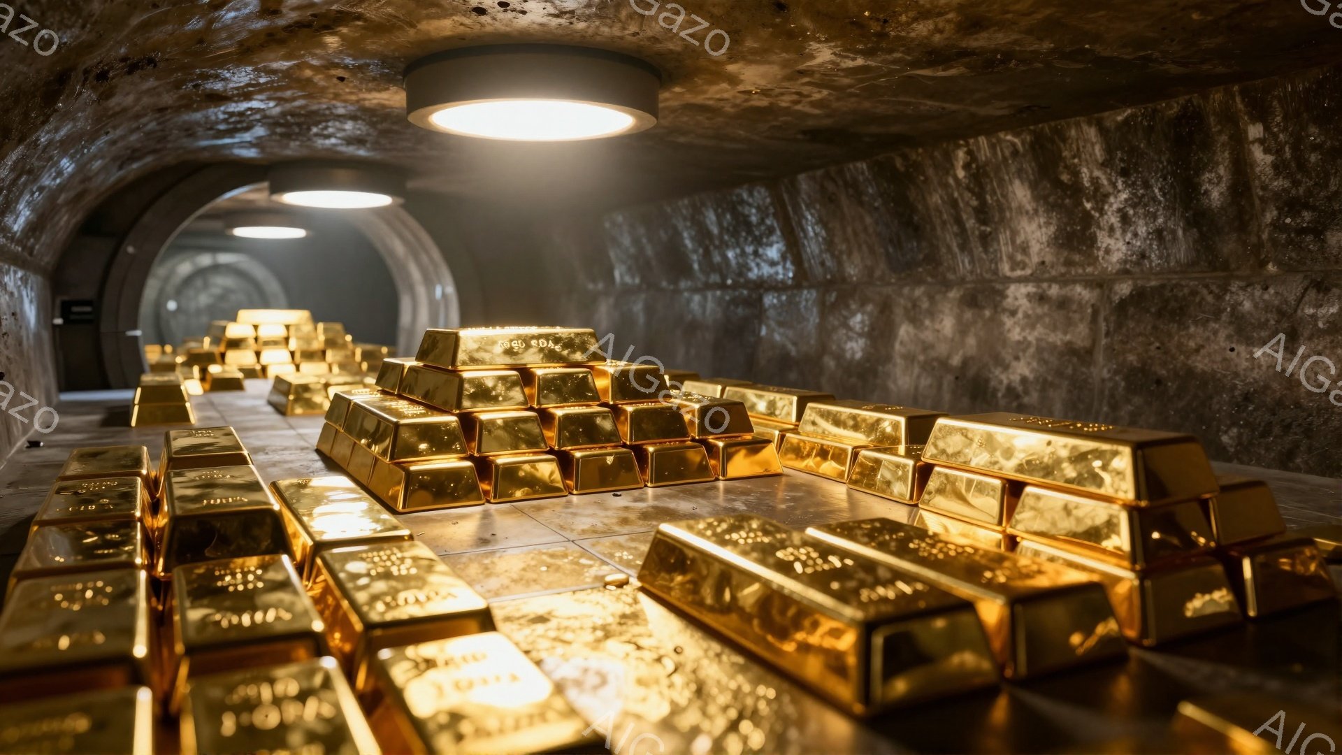 画像には、金色の延べ棒が積み上げられ、薄暗いトンネル内に置かれている様子が写っている。延べ棒は整然と並べられ、光沢があり、トンネルのコンクリート壁が背景にある。全体的に、富、貴重品、そして秘密の保管場所という雰囲気がある。