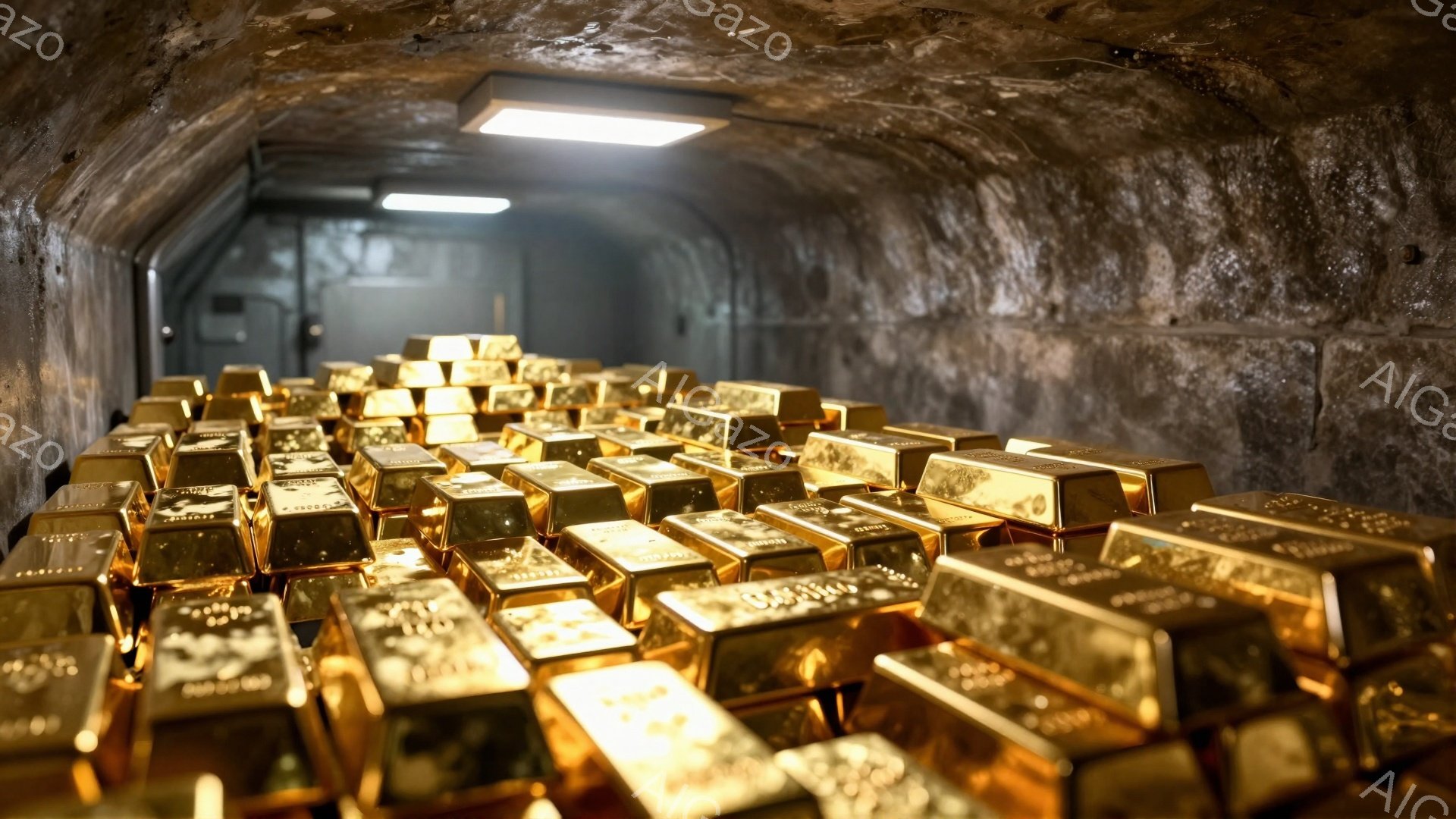 この画像は、無数の金の延べ棒が積み重なっている様子を捉えています。石造りの壁で囲まれた空間は薄暗く、天井の照明が延べ棒を照らし出しています。全体的に重厚で富を象徴する雰囲気が漂い、安全な保管場所であることを示唆しています。