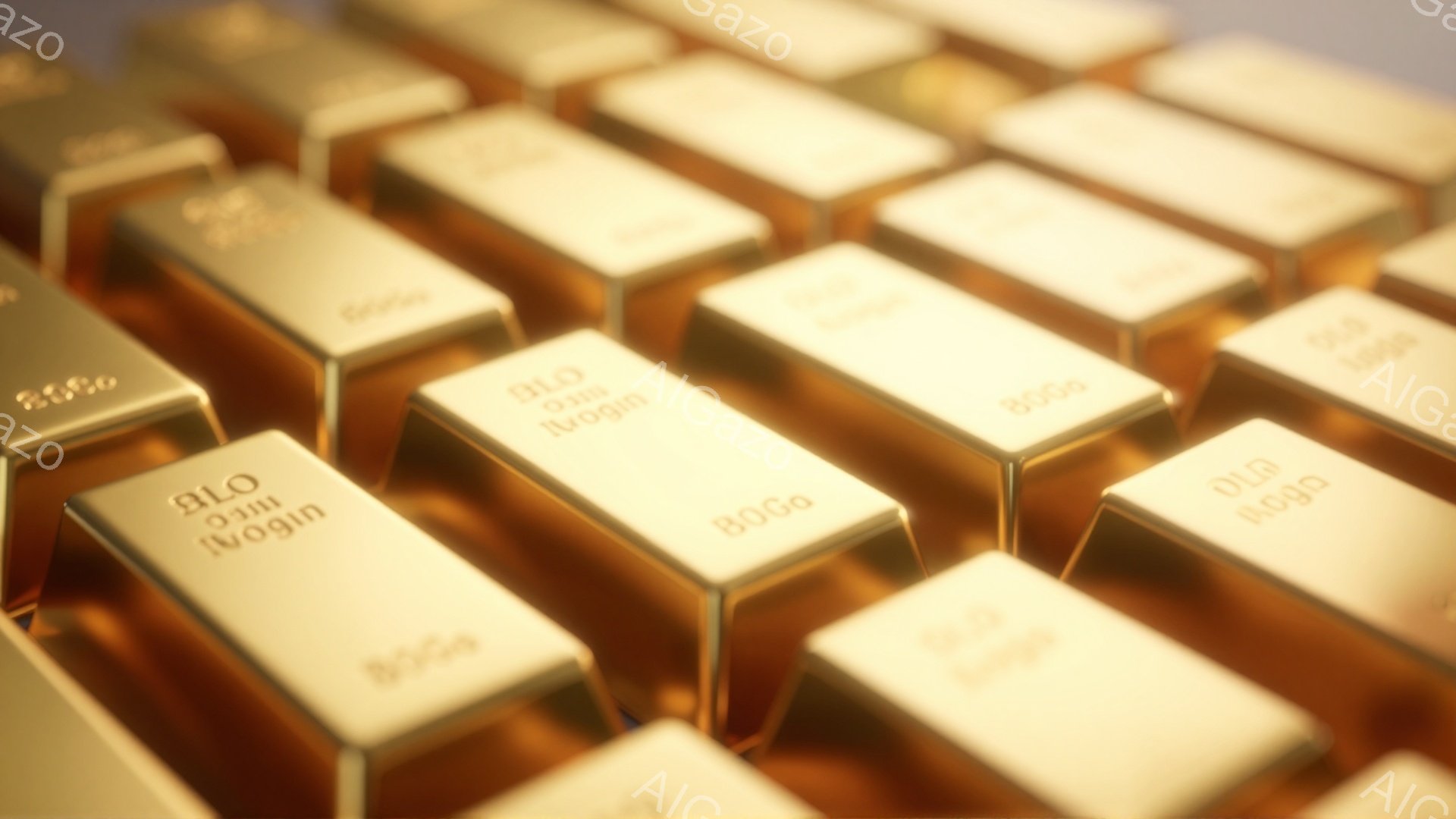 黄金色の延べ棒が規則的に並んでおり、それぞれに「100g」と刻印された文字が見えます。光沢があり、金属特有の輝きを放っており、高価で重厚な雰囲気を醸し出しています。背景はぼかされており、延べ棒の存在感が際立っています。