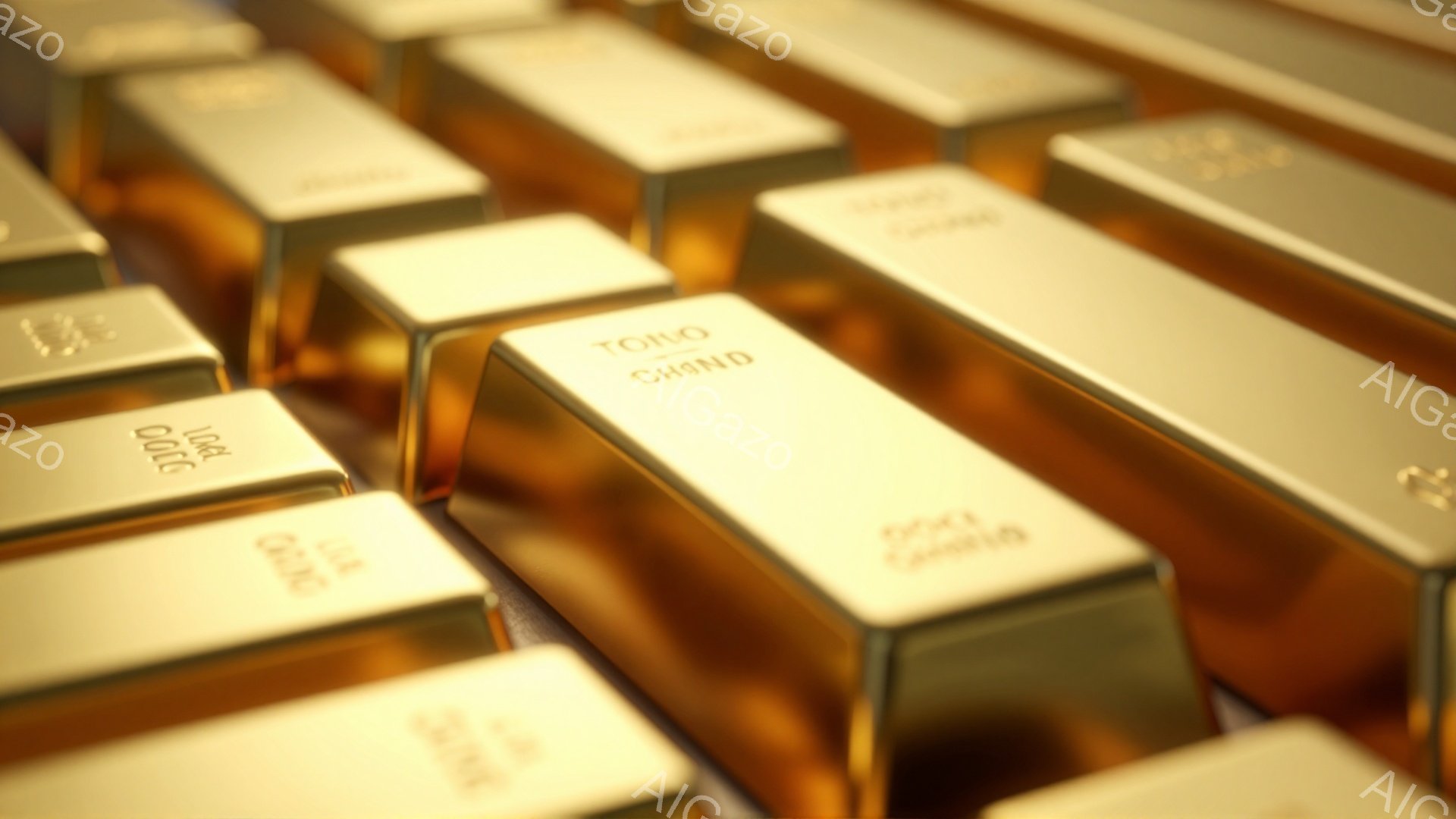 画像は、整然と並べられた金のインゴットが多数写っており、それぞれに文字が刻印されています。インゴットは明るい光に照らされ、その質感と輝きが強調されています。背景はぼやけており、インゴットが主な焦点となっています。