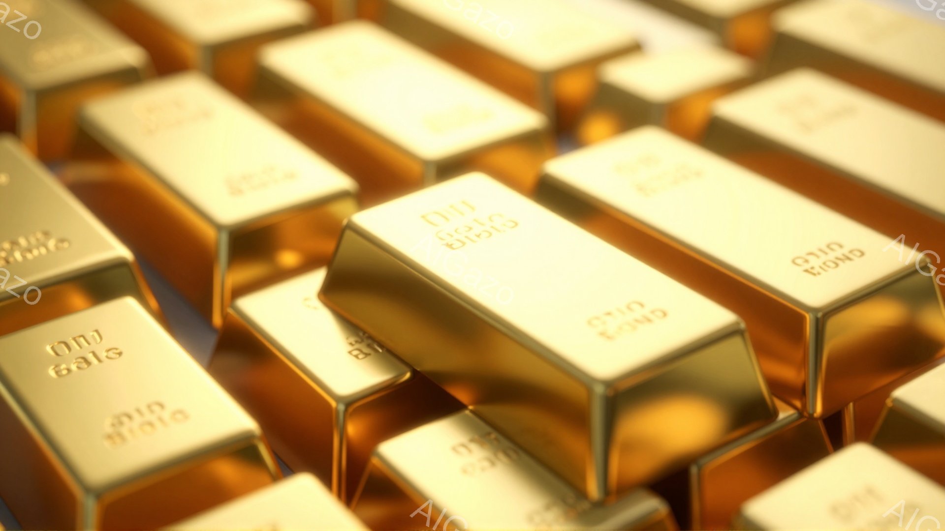画像は金塊が密集して並んだクローズアップ写真です。金塊は光沢があり、表面には刻印が見られます。全体的に、富と豊かさを象徴する、暖かく豪華な雰囲気です。