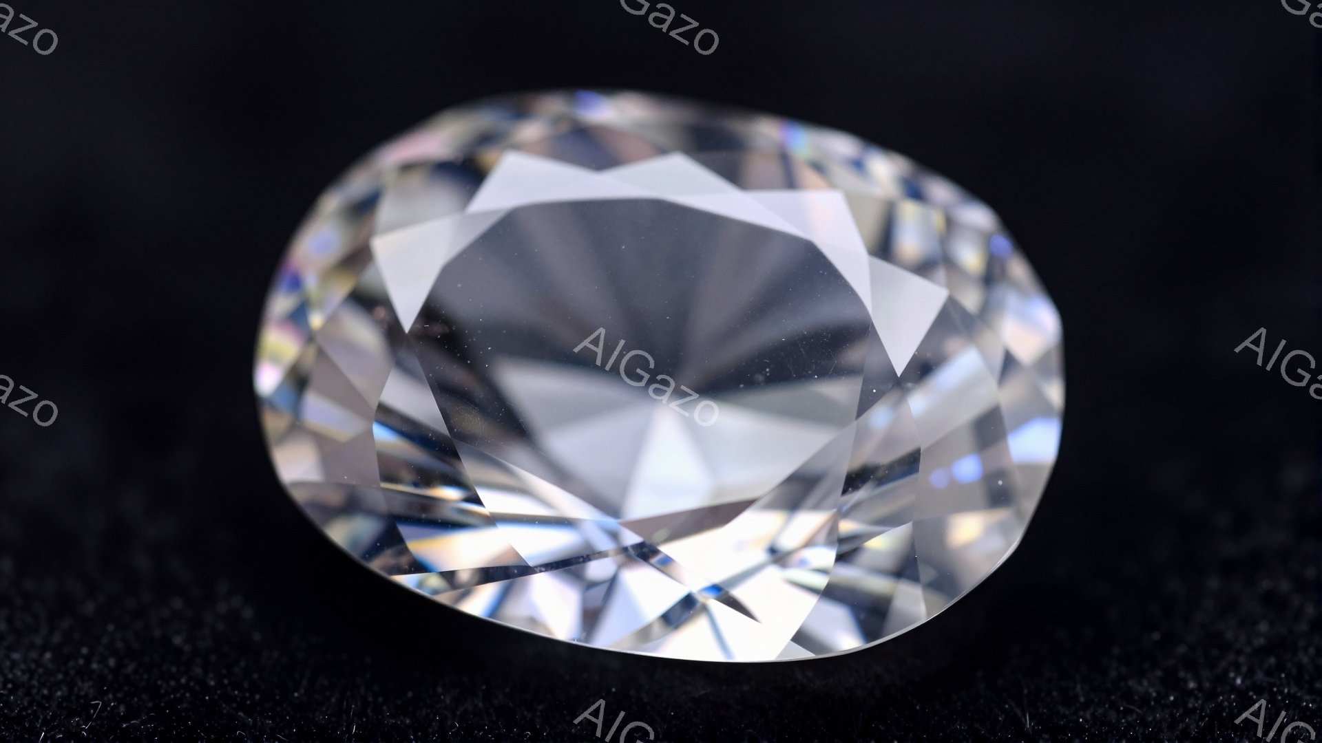 画像は、暗い背景に置かれた、研磨されたダイヤモンドのクローズアップです。カット面が光を反射し、内側から輝きを放っており、非常に鮮やかで美しい様子が伝わってきます。背景は暗いテクスチャで、ダイヤモンドの輝きを際立たせています。
