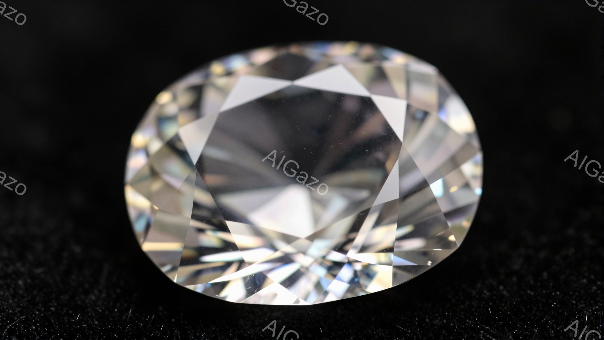 この画像は、暗い背景に置かれた大きなダイヤモンドのクローズアップです。ダイヤモンドは多面体カットされており、光を反射して眩い輝きを放っています。背景は黒いテクスチャで、ダイヤモンドの輝きをより際立たせています。