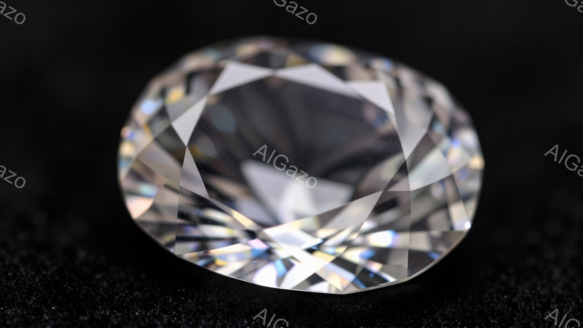画像は、きらめく円形のダイヤモンドを捉えています。黒色の背景がダイヤモンドの輝きを強調し、光の反射が複雑なパターンを作り出しています。ダイヤモンドは研磨されており、その精密なカットが明瞭に見えます。
