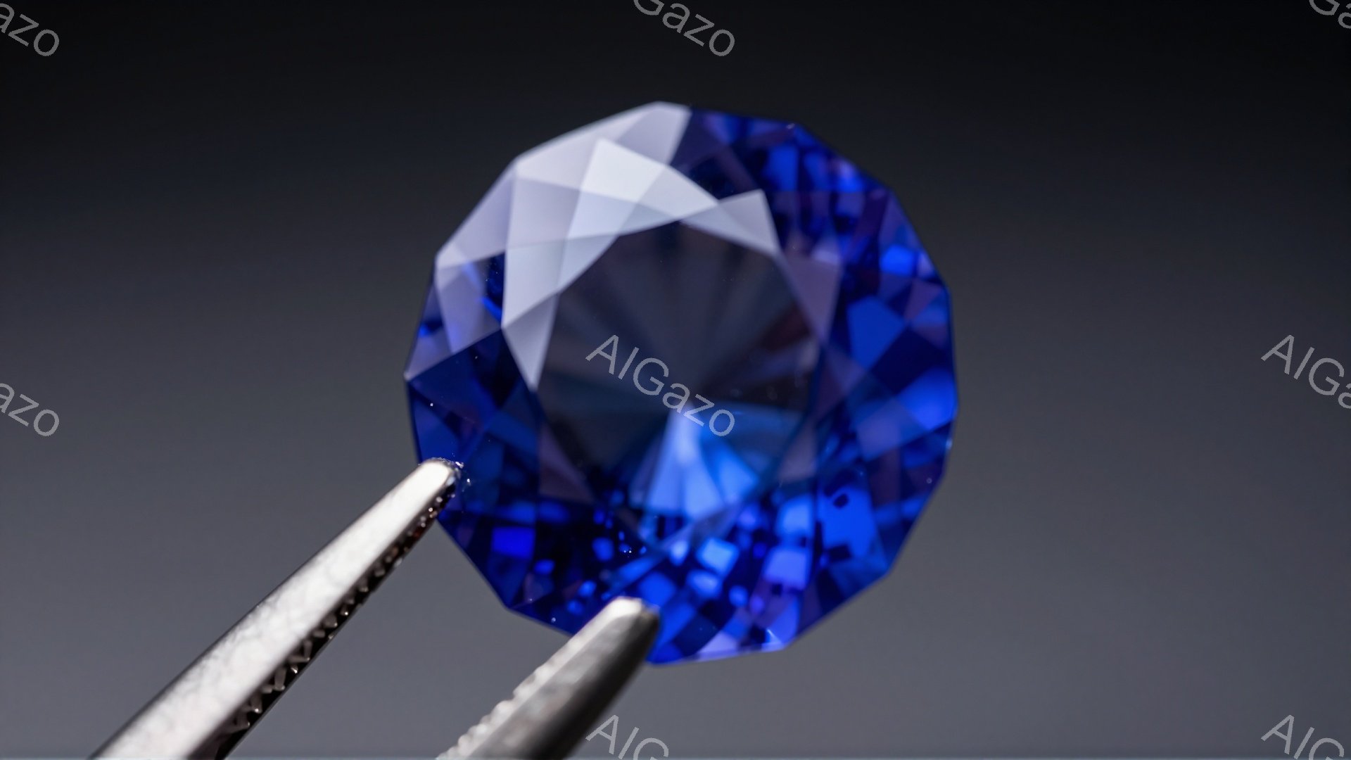 深い青色の宝石が、金属製のピンセットによってつままれており、研磨された多面体が光を反射して輝いている。背景は暗いグレーで、宝石の青色が際立っている。全体的に、宝石の美しさと精密さを強調した、クローズアップ写真である。