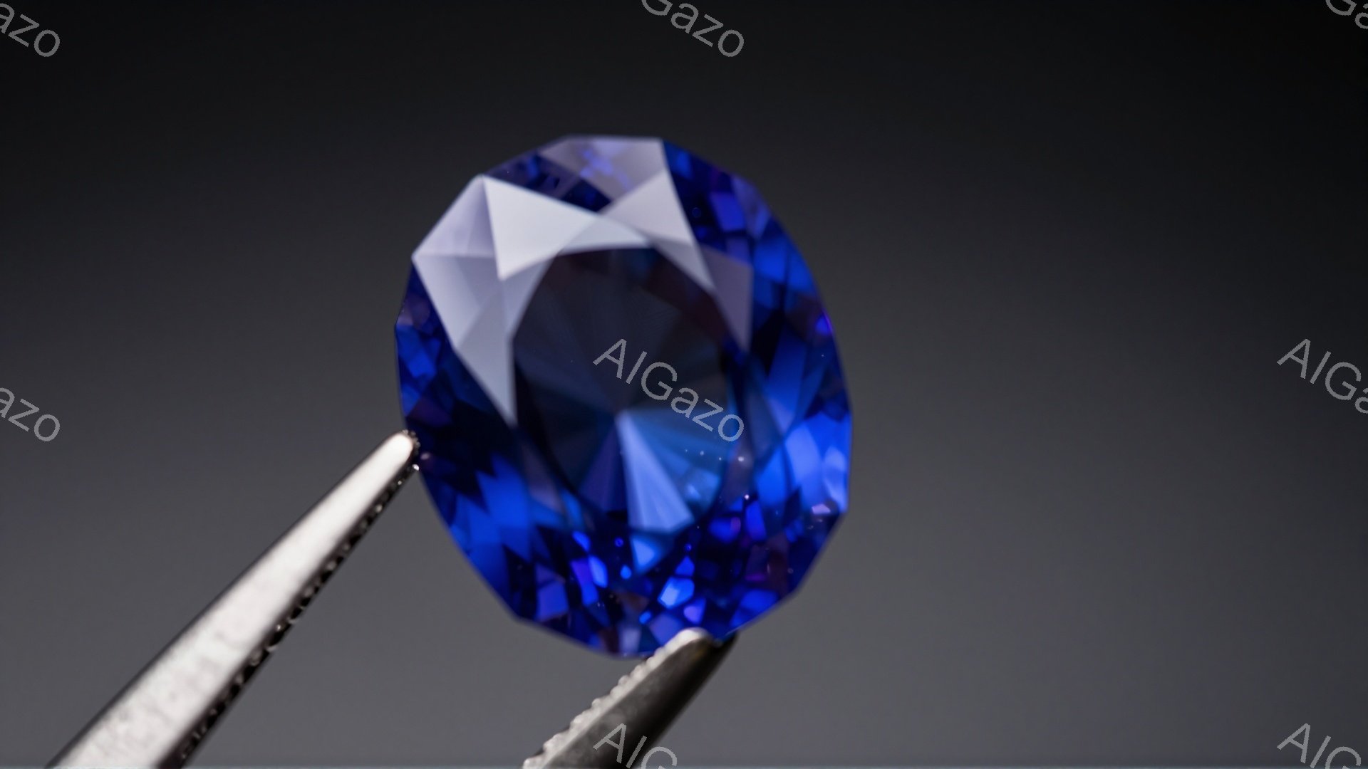鮮やかな青色の宝石が、金属製のピンセットによって掴まれています。宝石は多面カットされており、光を反射してキラキラと輝いています。背景は暗いグレーで、宝石の青色が際立っています。