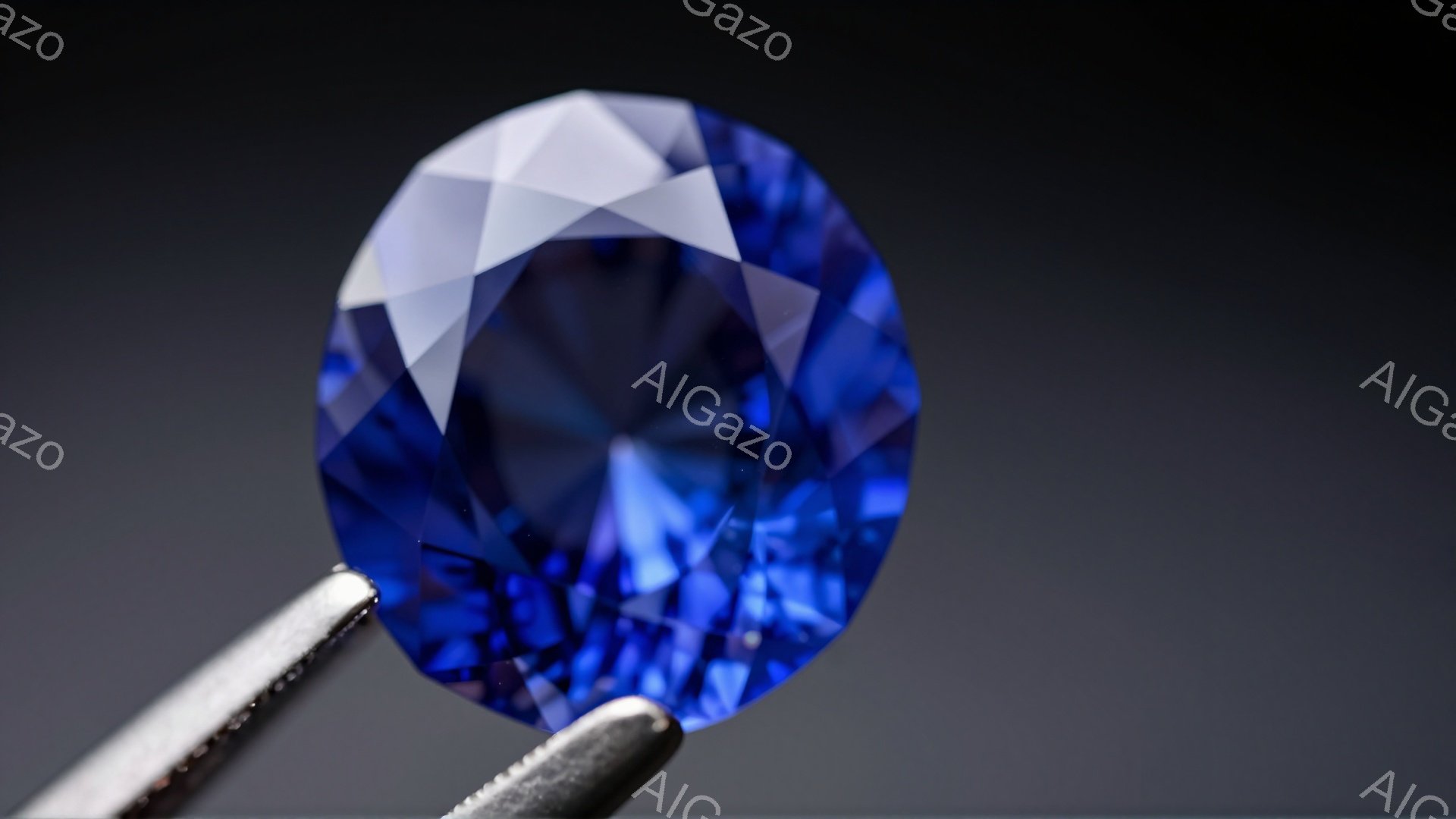 深い青色の、カットされた宝石が、金属製のピンセットによって保持されています。宝石は多面体で光を反射し、内部に輝きを放っています。背景は暗く、宝石の鮮やかな色が際立っています。