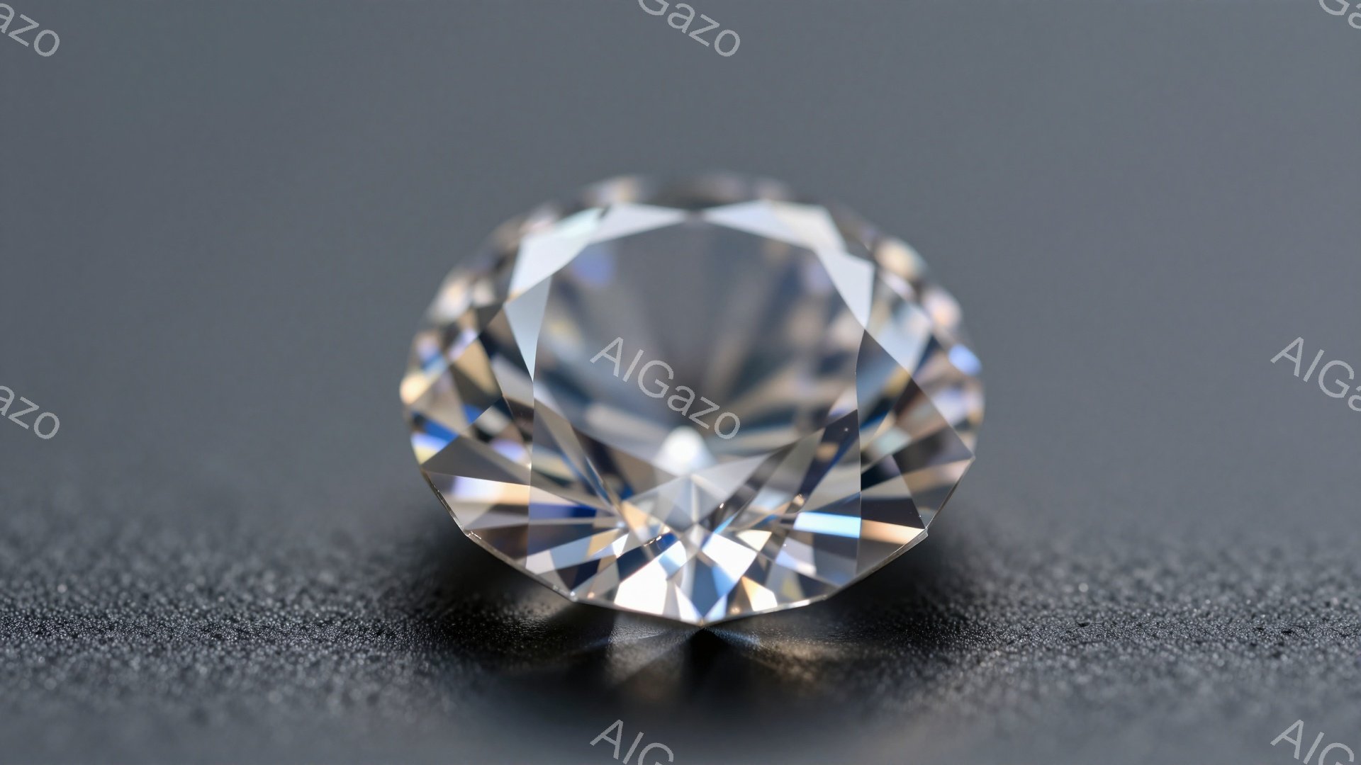 研磨されたダイヤモンドが、暗いグレーのテクスチャード背景に置かれています。光がダイヤモンドの各面で屈折し、虹色の輝きを生み出しています。影はダイヤモンドの下に落ち、その立体感を強調しています。