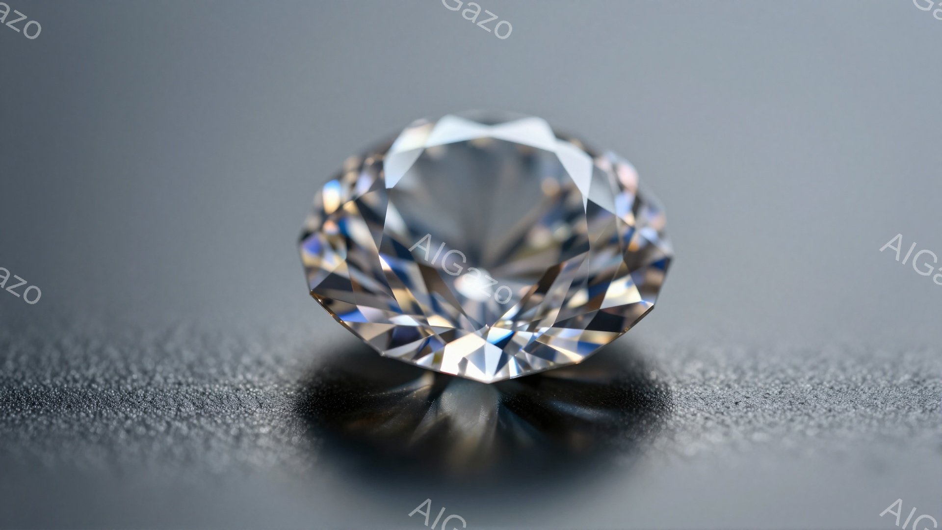 画像は、研磨されたダイヤモンドが、わずかにテクスチャのある暗い背景に置かれたクローズアップです。ダイヤモンドは多面体で、内部反射によって虹色の光を放ち、その輝きが強調されています。影はダイヤモンドの下に鋭く伸び、その存在感を際立たせています。