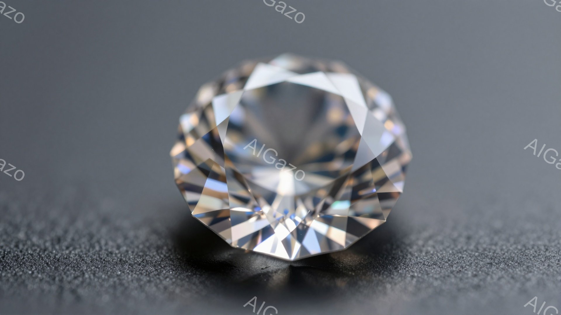 画像は、磨き上げられたダイヤモンドが粗い黒い表面に置かれているクローズアップ写真です。ダイヤモンドは多面体で光を反射し、内部に虹色の輝きを放っています。背景はぼやけており、ダイヤモンドが鮮明に際立っています。