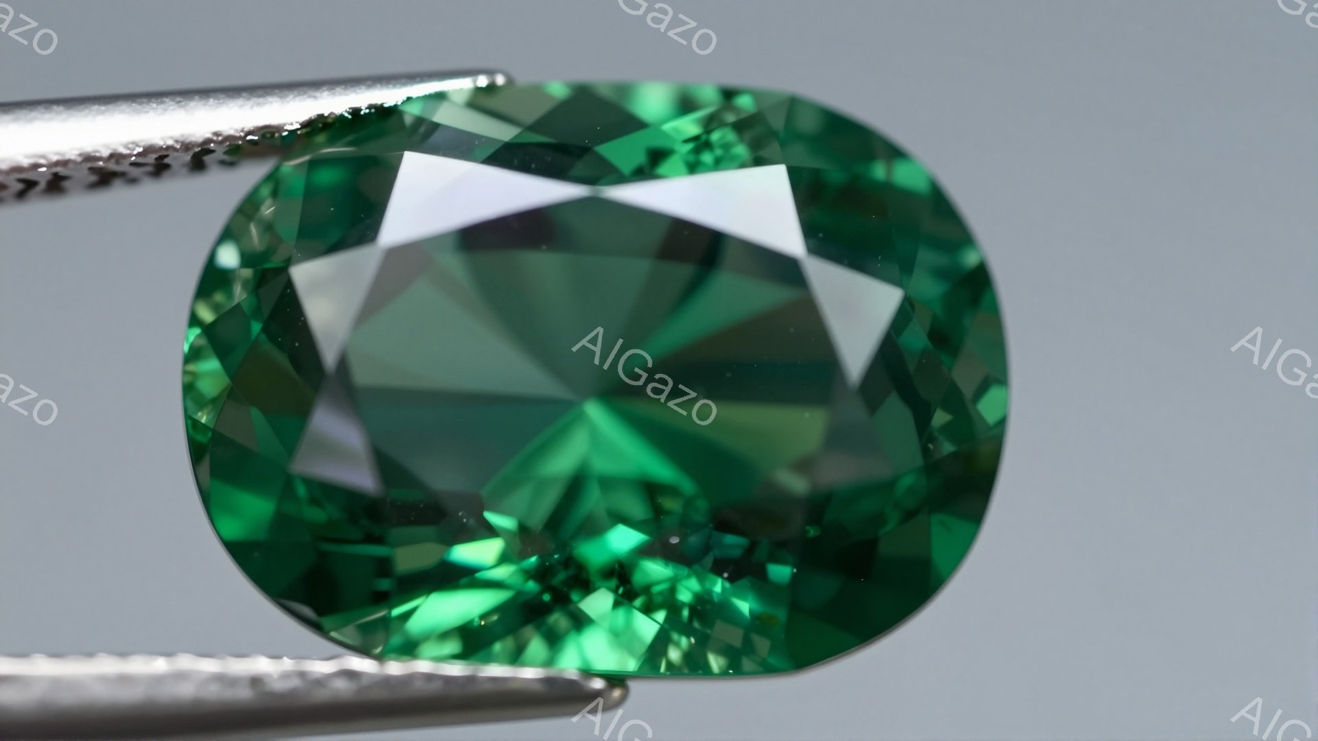 鮮やかな緑色の宝石が、金属製のピンセットによって挟まれています。宝石はオーバルカットされており、光を反射してキラキラと輝き、内部のカット面が複雑な模様を作り出しています。背景は淡いグレーで、宝石の鮮やかな色が際立っています。