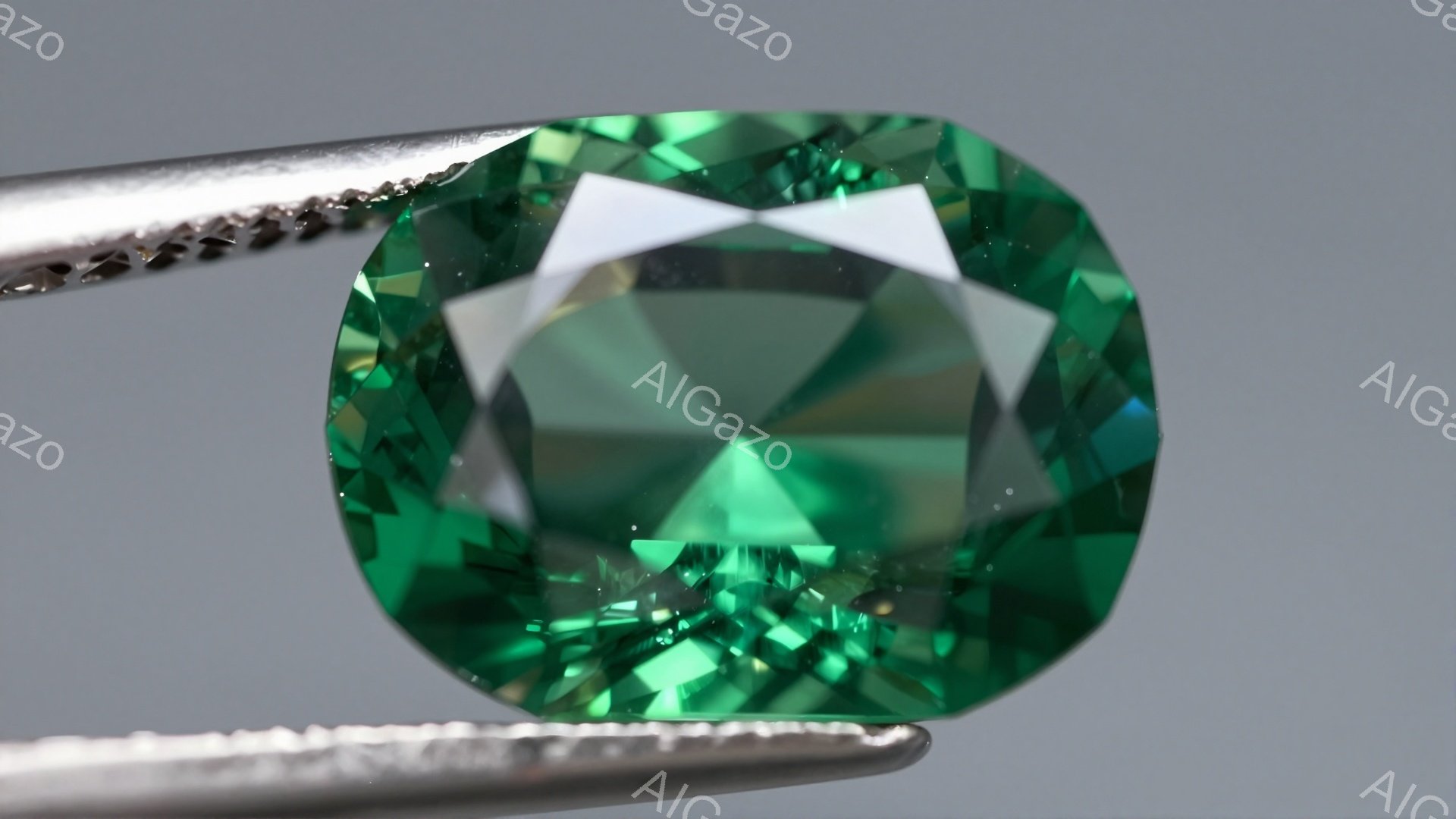 画像は、金属製のピンセットで保持された、鮮やかな緑色の宝石をクローズアップで捉えています。宝石はカットされており、内部で光が反射してキラキラと輝き、その美しい色彩と輝きが際立っています。背景はぼやけており、宝石の存在感が強調され、洗練された雰囲気を醸し出しています。