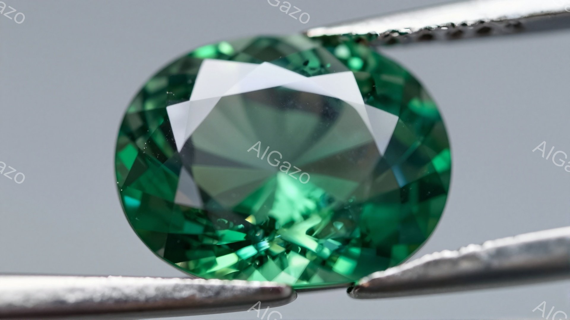 鮮やかな緑色の宝石がピンセットに挟まれて写っている。宝石は丸いカットで、光を反射してキラキラと輝いている。背景はぼやけており、宝石が際立っている。