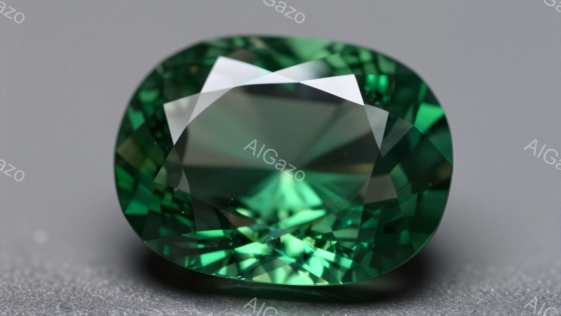 画像は、鮮やかな緑色の宝石のクローズアップ写真です。宝石は、複数の面を持つようにカットされており、光を反射してきらめいています。背景はグレーでぼやけており、宝石が際立って見えます。