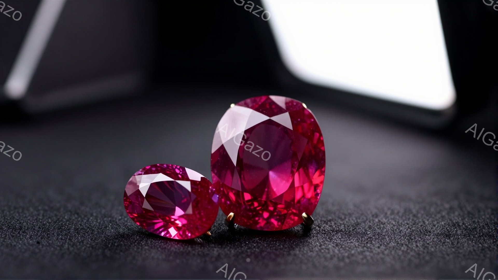 深紅色の宝石が二つ、暗いグレーの表面に並んで配置されている。大きな宝石はより鮮やかで、小さな宝石は若干薄暗い色合いをしているが、どちらも多面カットされており、光を反射して輝いている。背景はぼやけており - AI生成フリー素材