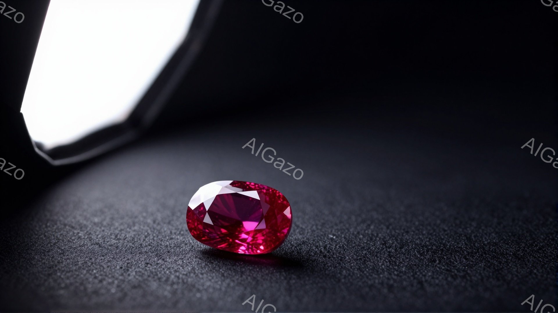 鮮やかなピンク色の宝石が、黒色の粗い質感の表面に置かれています。宝石は多面カットされており、光を反射して輝きを放っています。背景は暗く、左上から差し込む強い光が宝石を照らし出し、ドラマチックな雰囲気を醸し出しています。