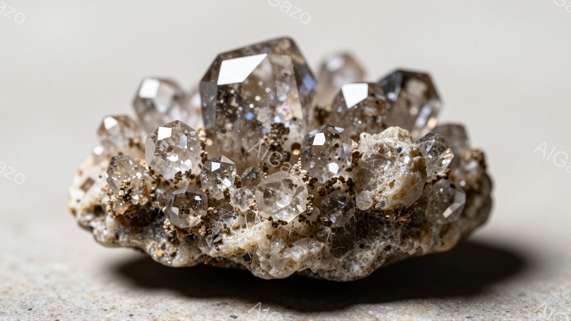 この画像は、粗い岩石の基盤の上に自生する水晶のクラスターを示しています。透明な結晶は、その表面に小さな茶色の斑点があり、全体的に地球のような色合いをしています。背景はぼやけた茶色の表面で、クラスターに焦点を当てています。