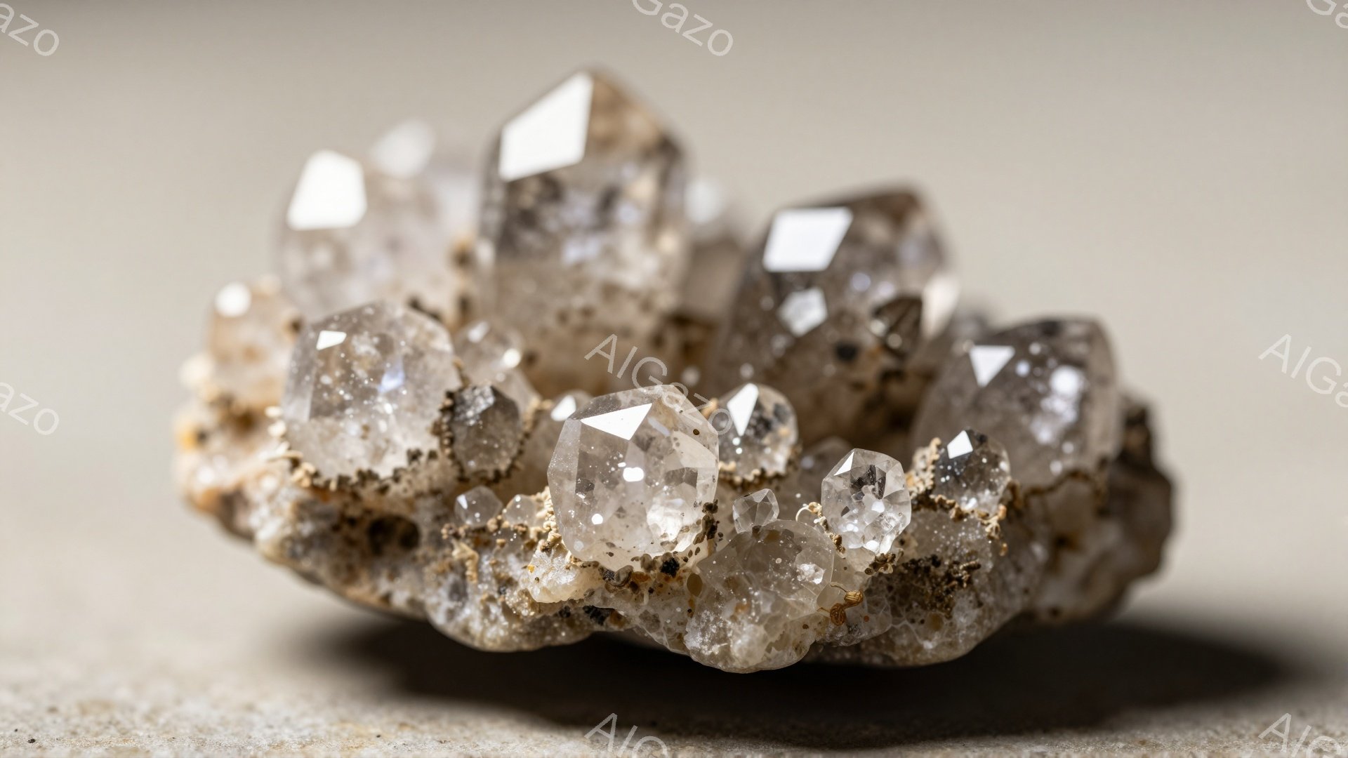 この画像は、粗い岩の基盤の上に配置された水晶のクラスターを捉えています。水晶は、様々な大きさの透明から乳白色の結晶で構成されており、光を反射してきらめいています。背景は淡いベージュ色で、水晶の自然な美しさを際立たせています。