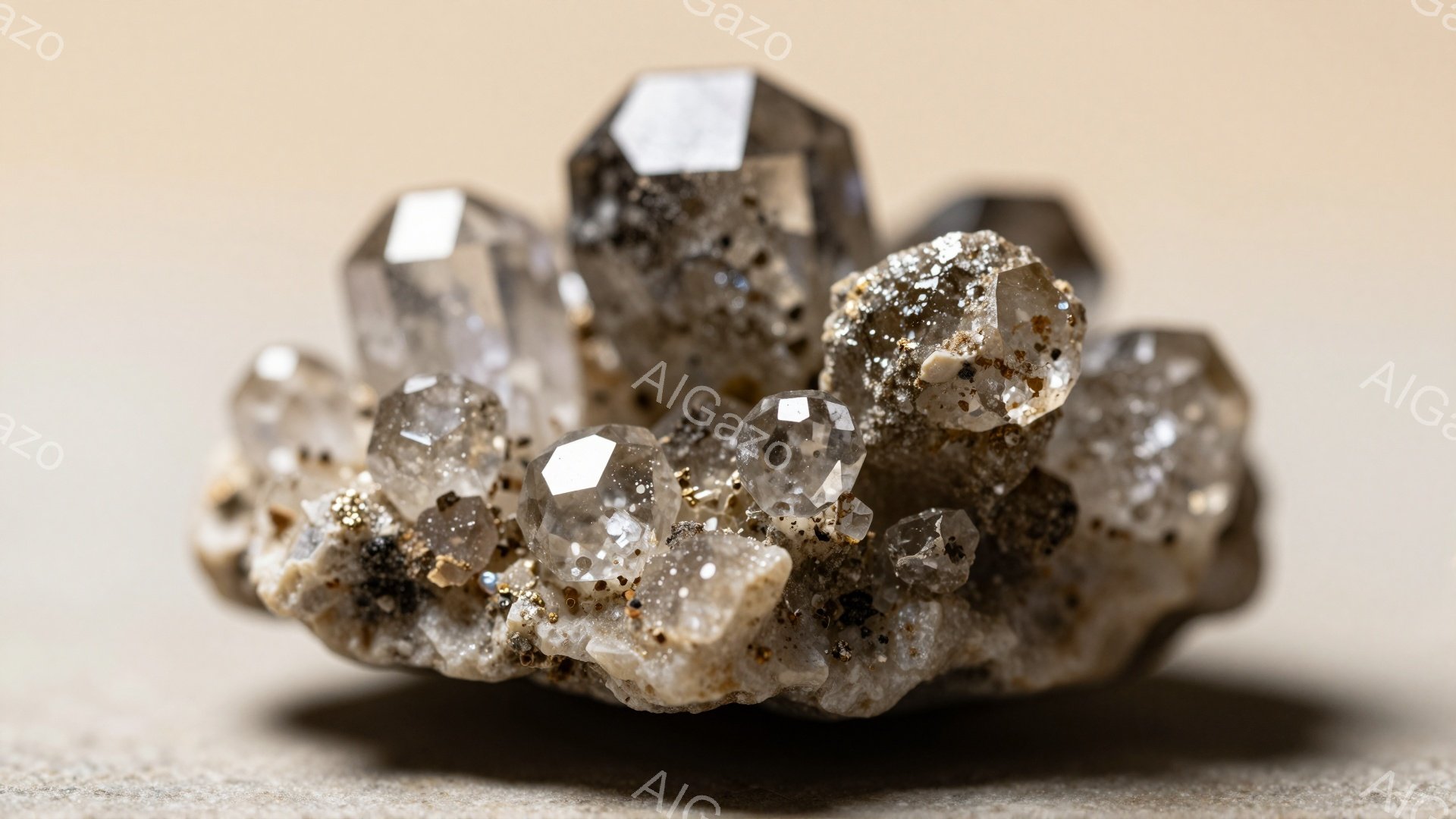 研磨されていない水晶のクラスターが、粗いベージュ色の表面の上に置かれています。水晶は透明度が高く、内部に小さな気泡やインクルージョンが見られます。基盤となるマトリックスは、茶色と灰色の鉱物で覆われており、自然の地質学的形成を示唆しています。