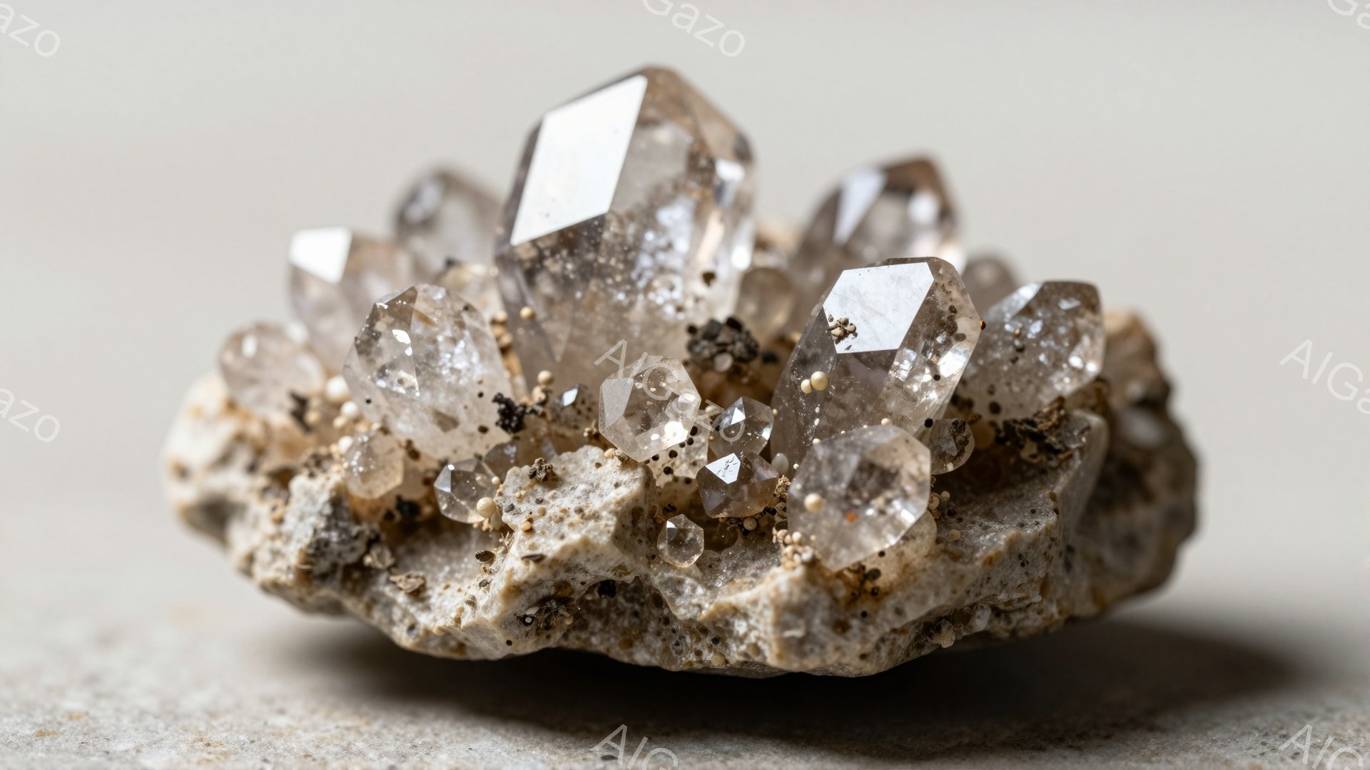 画像は、粗い岩石の上に生えた水晶のクラスターを示しています。透明度が高く、表面には鋭利な稜線を持つ複数の水晶が密集しており、光を反射して輝いています。背景は淡いグレーで、水晶の自然な美しさを引き立てています。