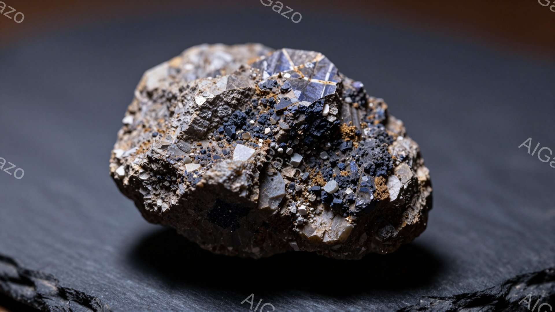 この画像は、暗いスレートのような表面に置かれた岩石標本を示しています。岩石は多面的な結晶構造を持ち、灰色、銀色、茶色の様々な色合いの鉱物が密集して存在します。全体的に、落ち着いた雰囲気で、鉱物学的な研究や自然の美しさを捉えた写真のように見えます。