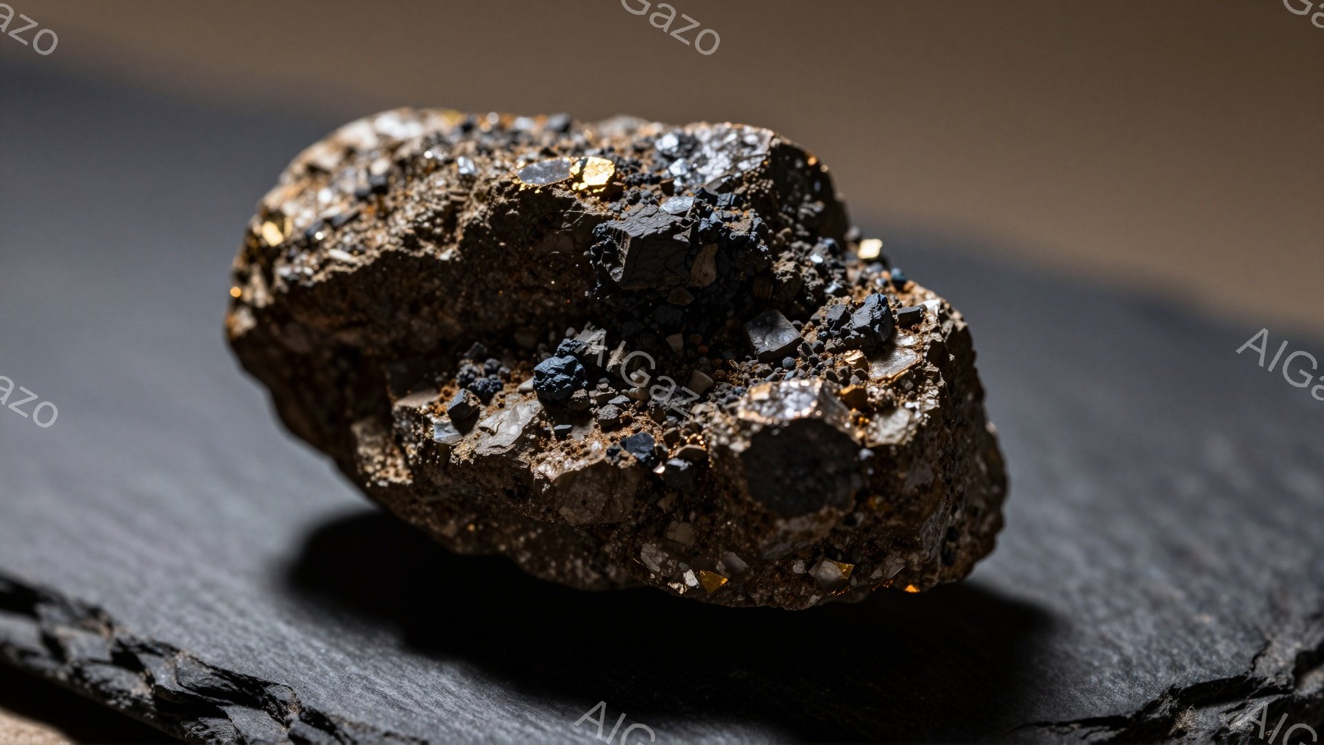 粗い表面を持つ、暗い灰色の岩石の塊が写っている。岩石は、小さな黒い結晶で覆われ、光を反射してキラキラと輝いている。背景は暗いグレーで、岩石のテクスチャと輝きを際立たせ、鉱物標本のような印象を与える。