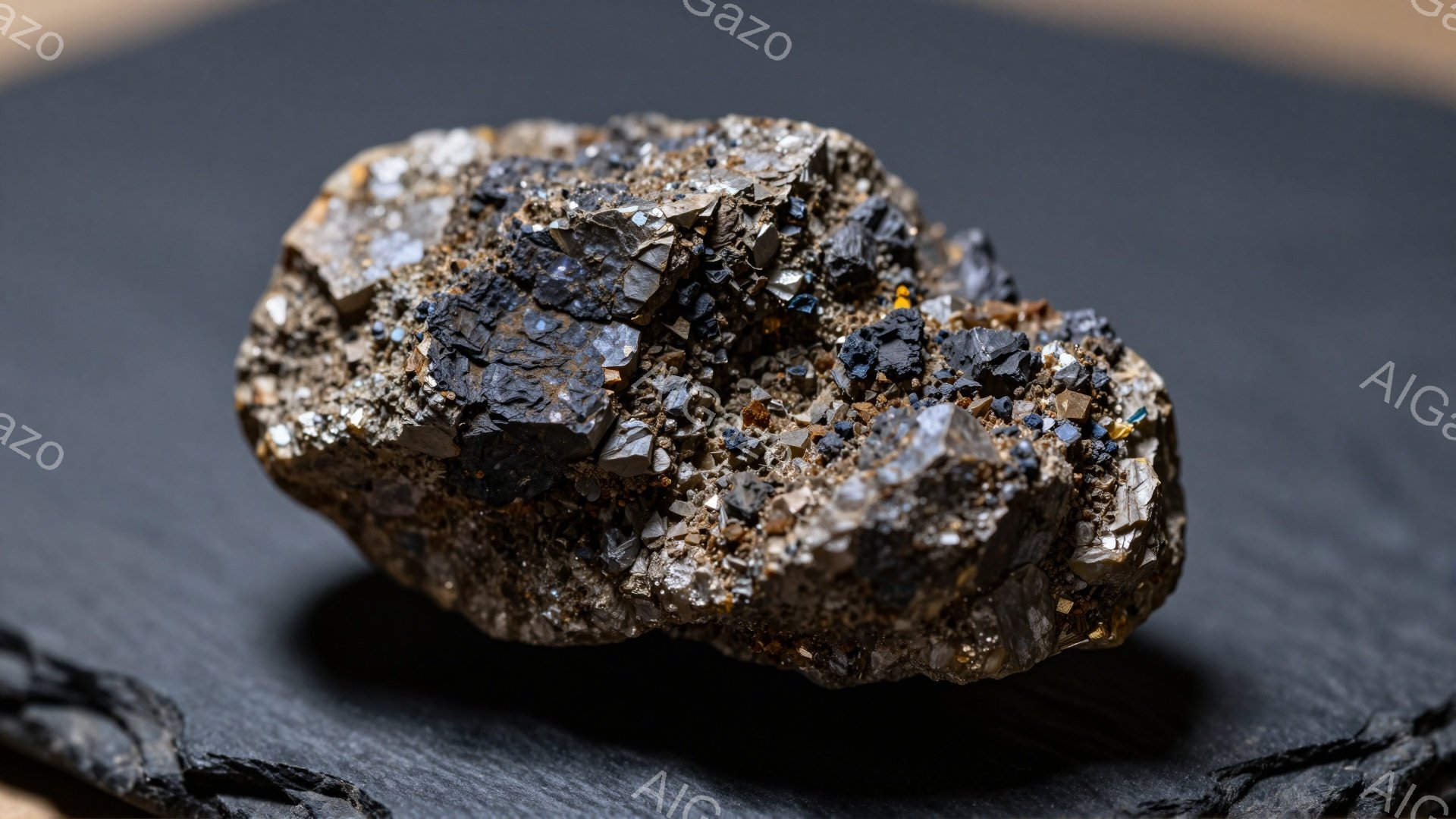 灰色の石板の上に、複雑な形状の鉱物が置かれている。鉱物は様々な大きさの結晶で構成され、光を反射してキラキラと輝いている。全体的に重厚で落ち着いた印象を与え、地質学的な探求心をくすぐるような雰囲気である。