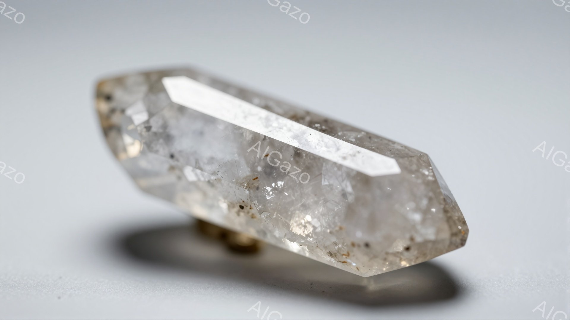 この画像は、透明感のある水晶の標本をクローズアップで捉えたものです。水晶は多面的なカットが施され、内部には微細な内包物が確認できます。背景は淡いグレーで、水晶の影が柔らかく映り込み、全体的に静謐で自然な雰囲気を醸し出しています。